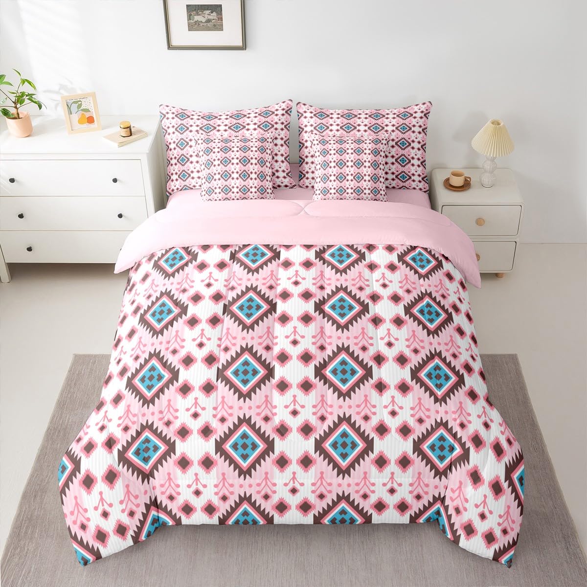 Erosebridal Boho Aztec Bed in A Bag King 7 Pcs Bohemian Southwestern Comforter Set for Women Men Western Ethnic Tribal Mexican Bedding Sets Pink Cowgirl Geometric Diamond Sheet Set with Comforter