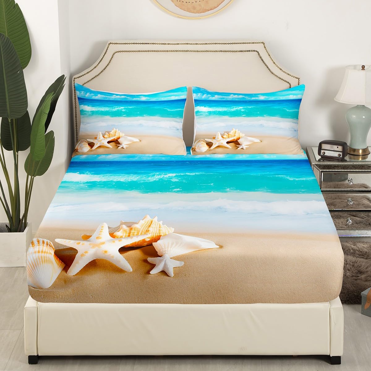 Feelyou Hawaii Beach Fitted Sheet Boys Girls Adults Ocean Wave Nautical Bedding Set Kids Starfish Shell Bed Sheet Set Summer Lightweight Bed Cover,Bedding Collection 3Pcs Sheets Full Size