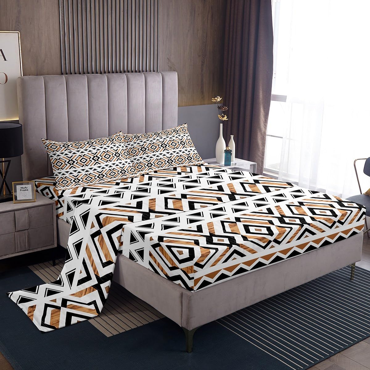 jejeloiu Western Aztec Bed Sheets Set Queen Size Native American Bed Set Ethnic Deep Pocket Fitted Sheet Geometric Breathable Soft Lightweight Microfiber