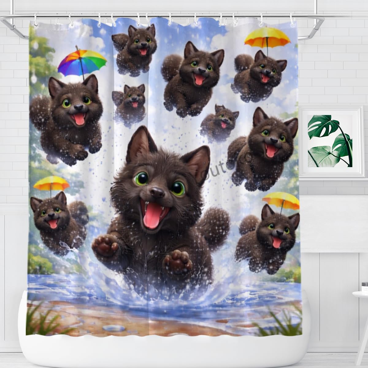 Youtoko Funny Black Cat Bathroom Decor Shower Curtain 72x72 Inch with 12 Hooks Umbrella Water Splash Animal Art Waterproof Washable Polyester