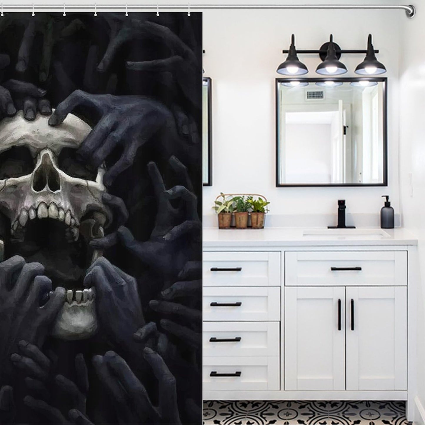 GoDazzling Gothic Skull Shower Curtain, Scary Spooky Halloween Skeleton Shower Curtain Sets for Bathroom Fabric Bath Curtain 12 Hook 55x72Inch（140x183cm）