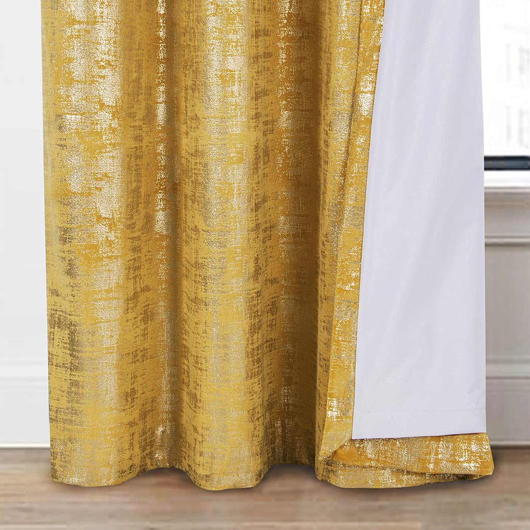 always4u 100% Blackout Soft Velvet Curtains for Bedroom Living Room Thermal Energy Saving 108 Inches Long Luxury Gold Foil Print Drapes 2 Panels Yellow