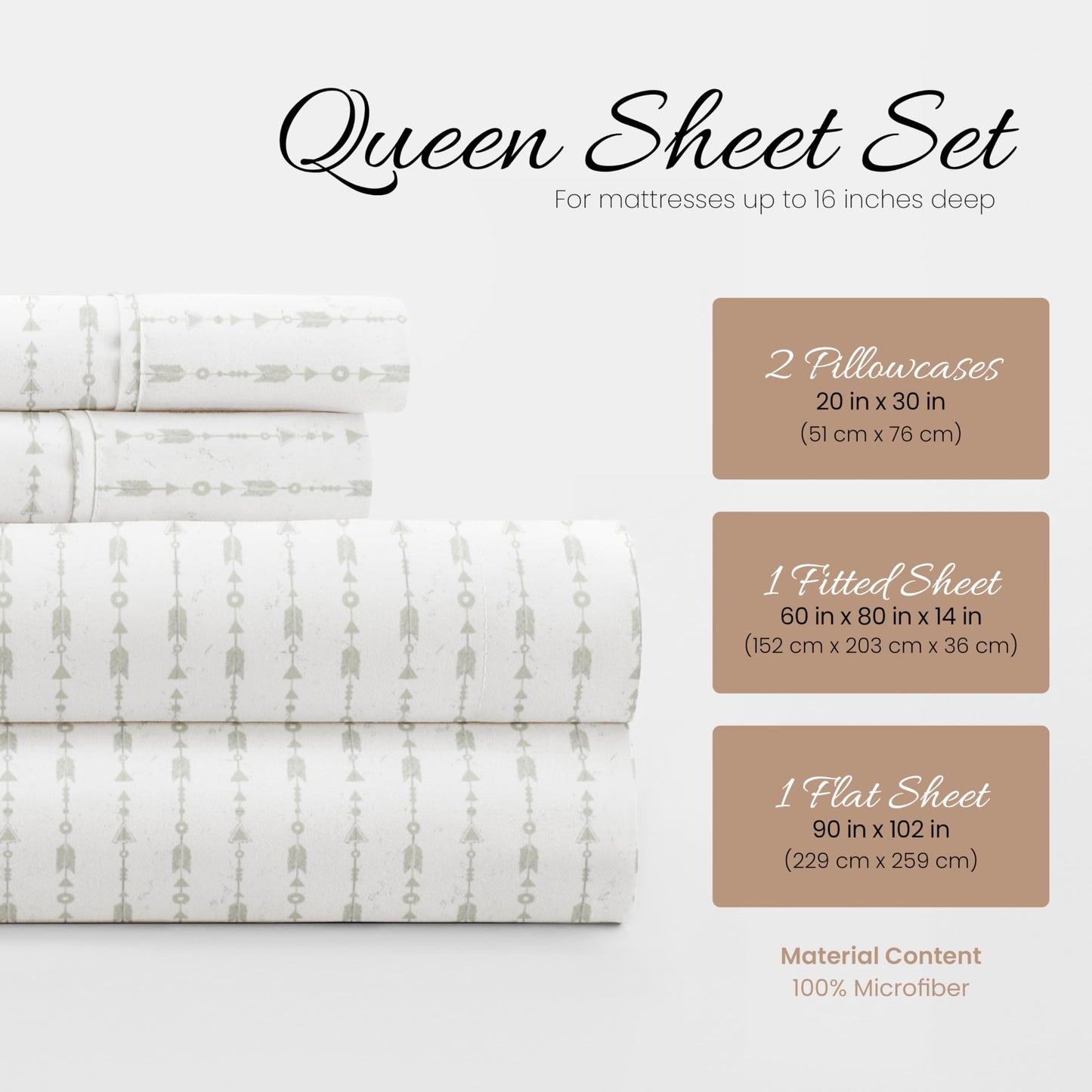 Linen Market Patterned Microfiber Queen Sheet Set 4 Piece – Oeko-TEX Certified Ultra Soft & Wrinkle-Free - 16" Deep Pocket Sheets - Easy Care Queen Size - Beaded Arrows Light Gray