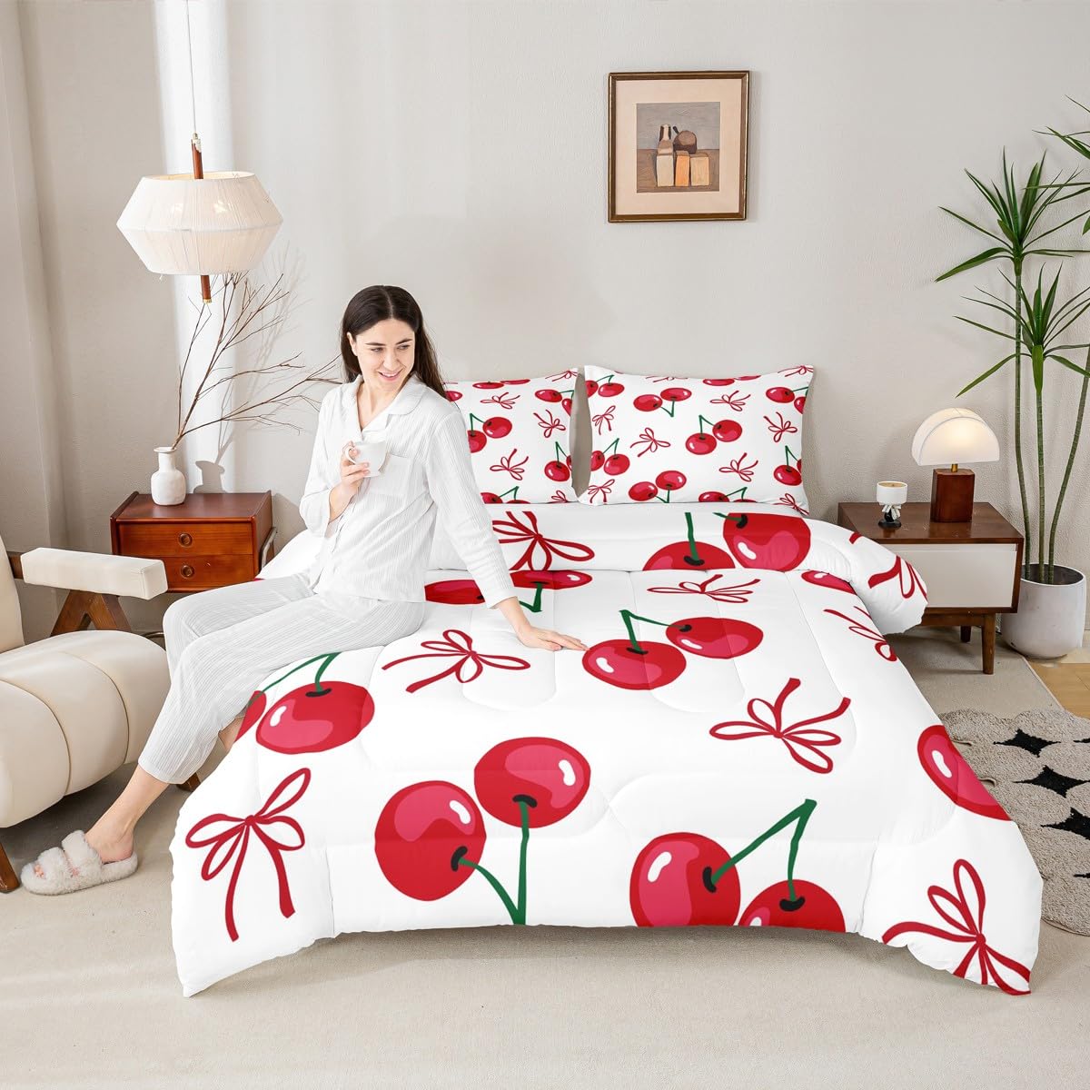 Manfei Cherry Bowknot Kids Comforter Set Twin Size,Geometric Patchwork Bow Tie Bedding Set,Girls Princess Room Decor,Tropical Fruit Butterfly Knot Down Comforter,Red Chic Duvet Insert,1 Pillowcase