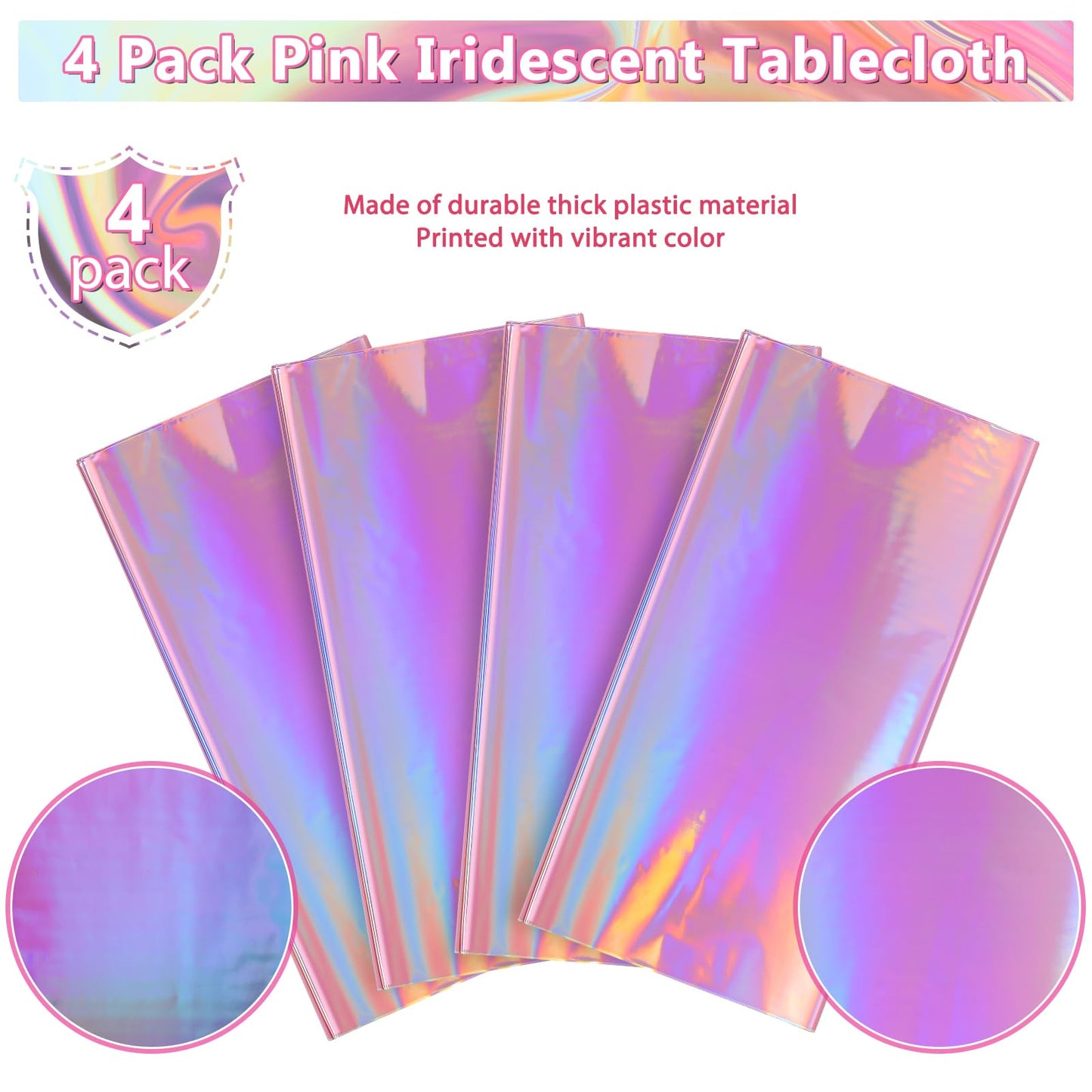 4 Pack Iridescent Pink Plastic Tablecloths, FunnyPars Shiny Disposable Laser Rectangle Table Covers, Holographic Foil Tablecloth Iridescent Party Decorations for Kpop Birthday Wedding Xmas, 54x108Inch