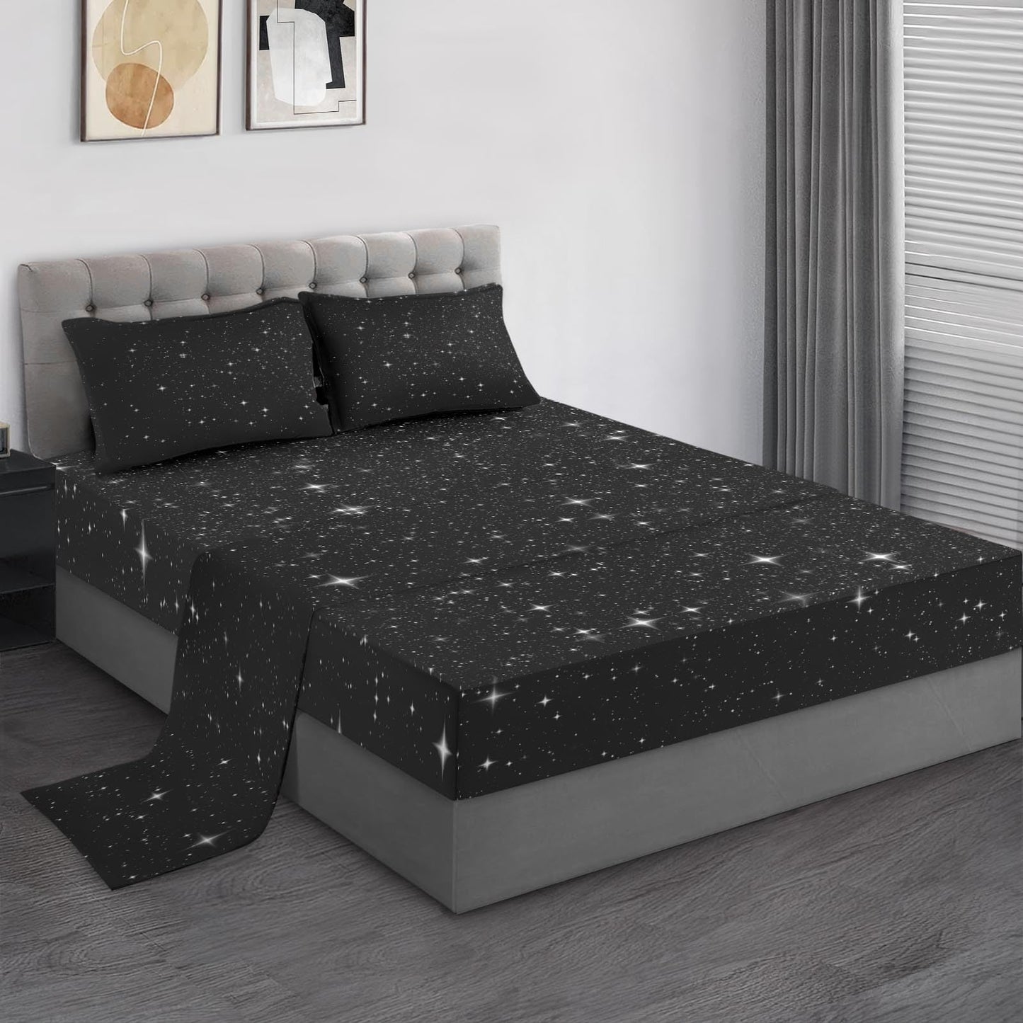 Pamnest Twin Size Bed Sheet Sets, Space Starry Deep Soft Microfiber 3 Pcs Bedding Sets for Kids and Adults Bedroom Bed Decor, Black Star Sky Flat, Fitted Sheet and Pillowcases