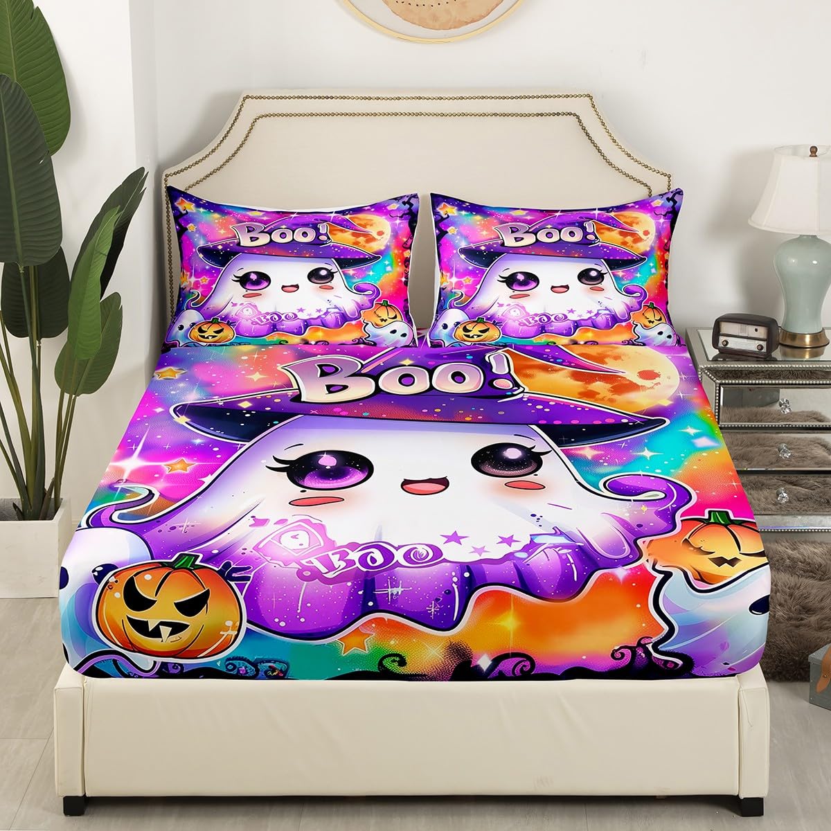 Kawaii Ghost Fitted Sheet,Dreamy Kids Halloween Decor Cute Ghost Bed Sheet 3 Pieces Fits Mattress,Tie Dyed Moon Night Sequin Print Decorative Fabric Bedding All-Round Elastic Pocket