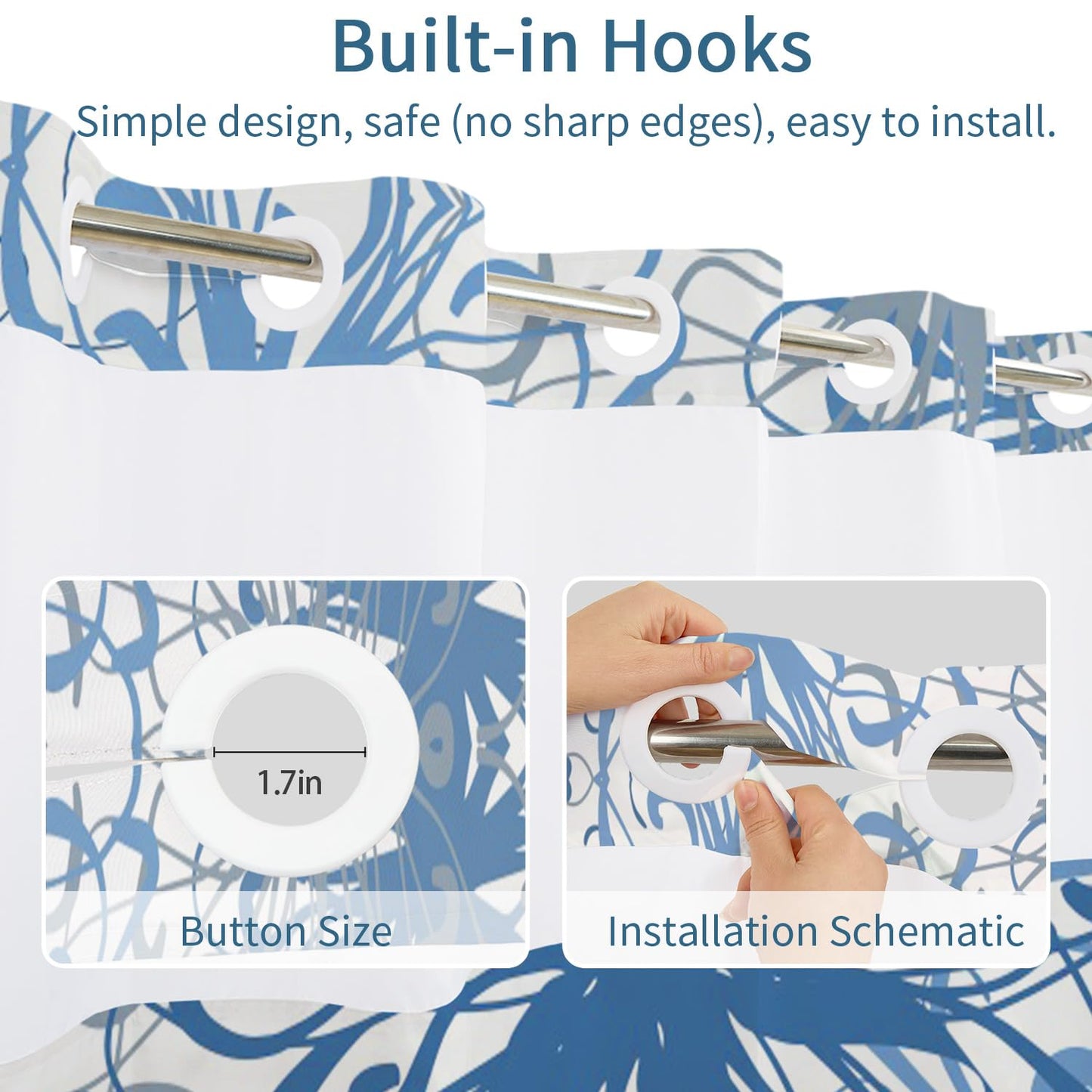No Hook Shower Curtain with Snap in Liner Set, Boho Modern Blue Abstract Floral Pattern Decorative Waterproof Fabric Shower Curtain for College Dorm Hotel Apartment Bathroom Bathtub, 71x74 Inch