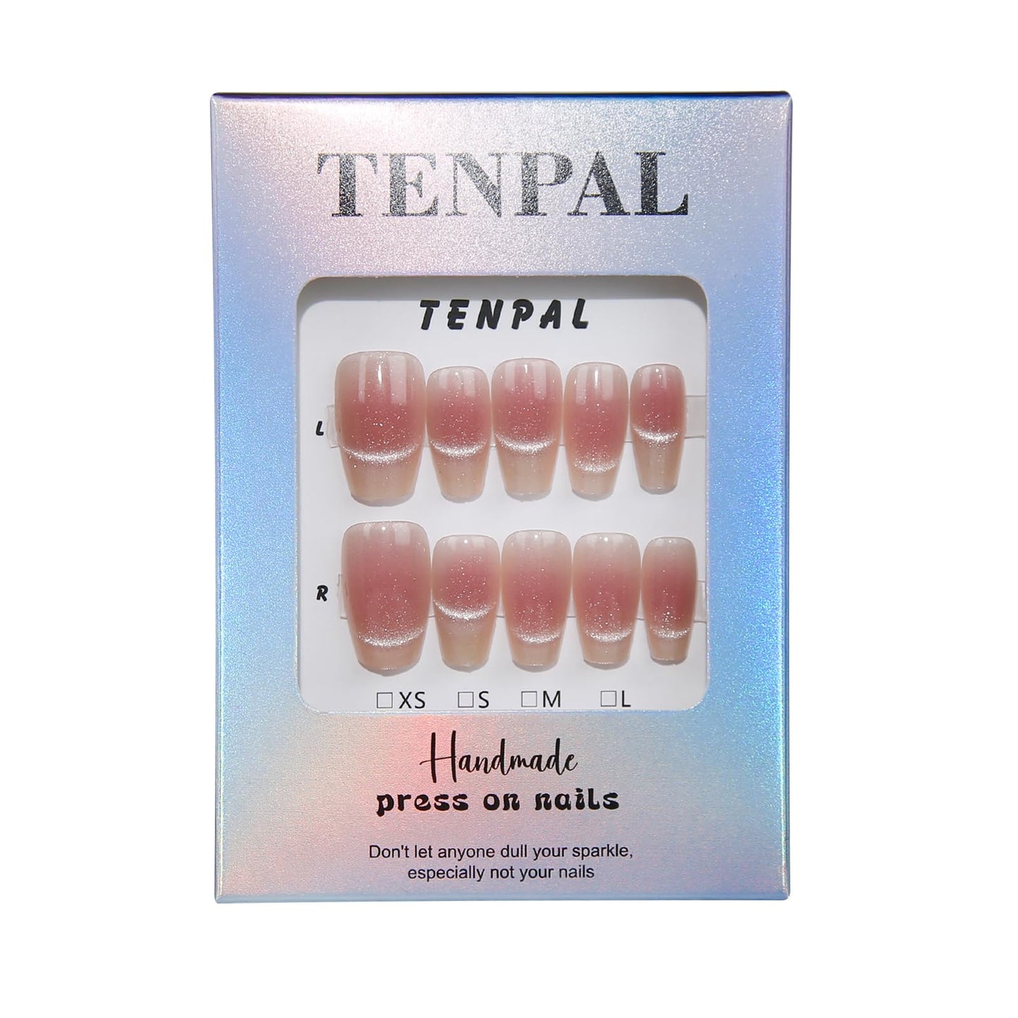 TENPAL Handmade Press on Nails Medium,Peach Pink Cat Eye Coffin Nails, Removable Acrylic Spring Summer Pink Fake Nails With Tools,Sweet Sassy Minimalist Gel Effect Glue on Nails for Women Girls(XS)