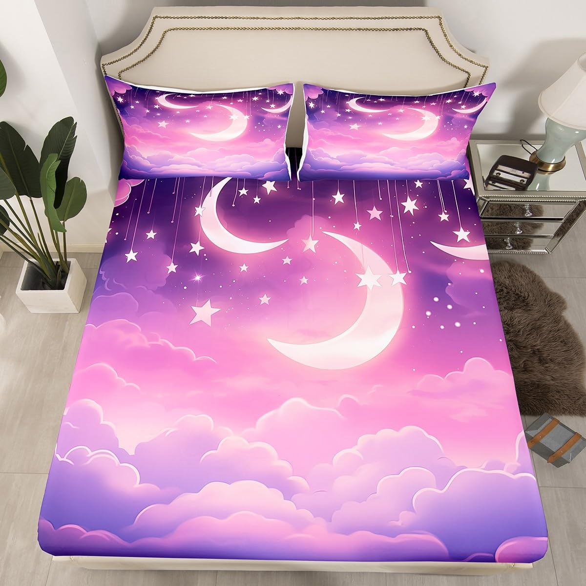 Moon Night Kids Fitted Sheet Full Size,Glitter Starry Sky Galaxy Dreamy Bedding Set,Boys Girls Room Decor,Moon Clouds Bed Cover,Purple Romantic Bed Sheet,2 Pillowcases