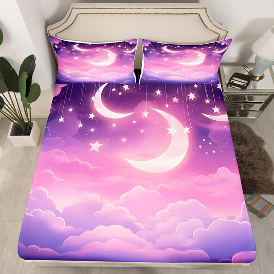 Moon Night Kids Fitted Sheet Full Size,Glitter Starry Sky Galaxy Dreamy Bedding Set,Boys Girls Room Decor,Moon Clouds Bed Cover,Purple Romantic Bed Sheet,2 Pillowcases