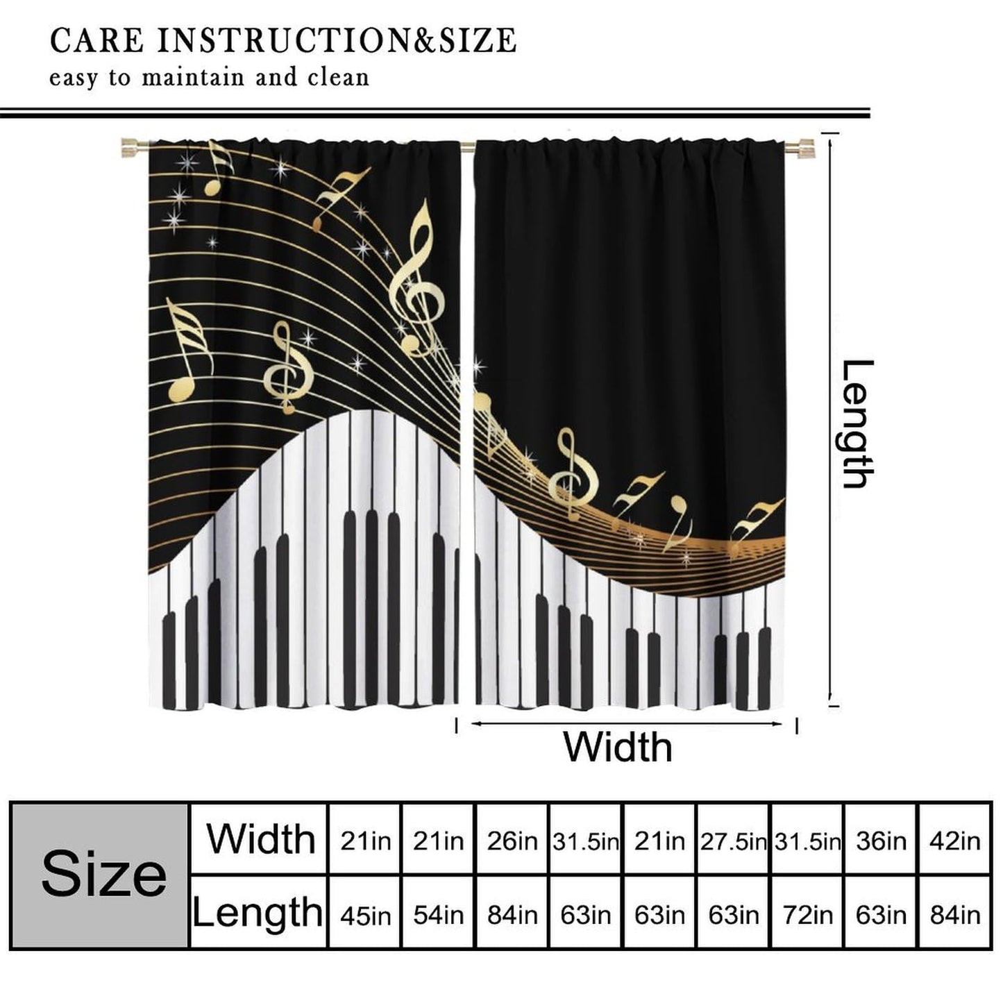 Black White Music Curtains，Abstract Piano Key Musical Notes Art Pattern Drapes Window 2 Panel Rod Pocket Curtain for Bedroom Living Room Decor 41" W X 45" L 30%
