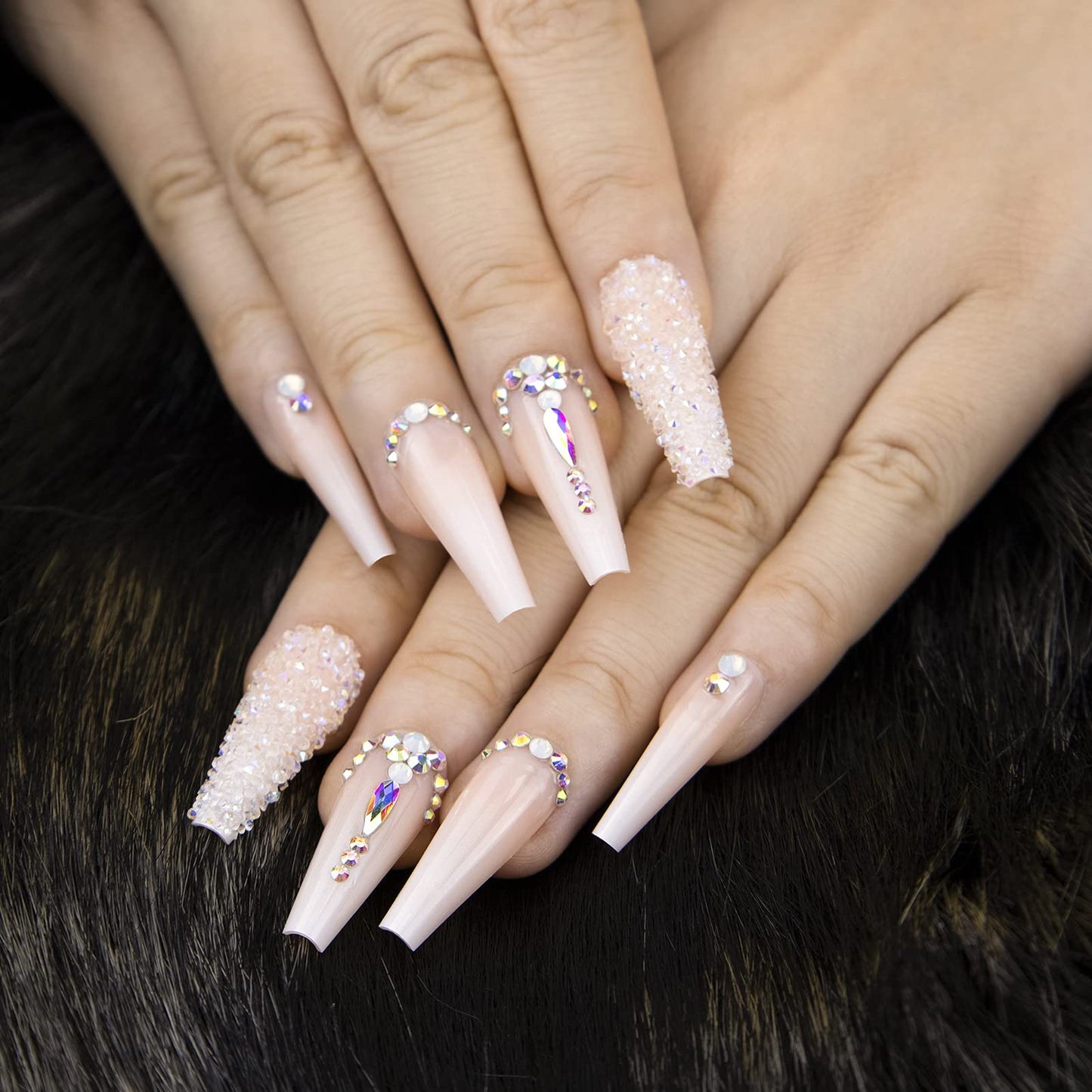 Kikmoya Extra Long Coffin Press on Nails, Crystal Luxury Nails with Silver Opal rhinestones, Pink French Mixed Light Ombre, 24pcs Glossy False Fake Tips, Finger Manicure for Women (K29)