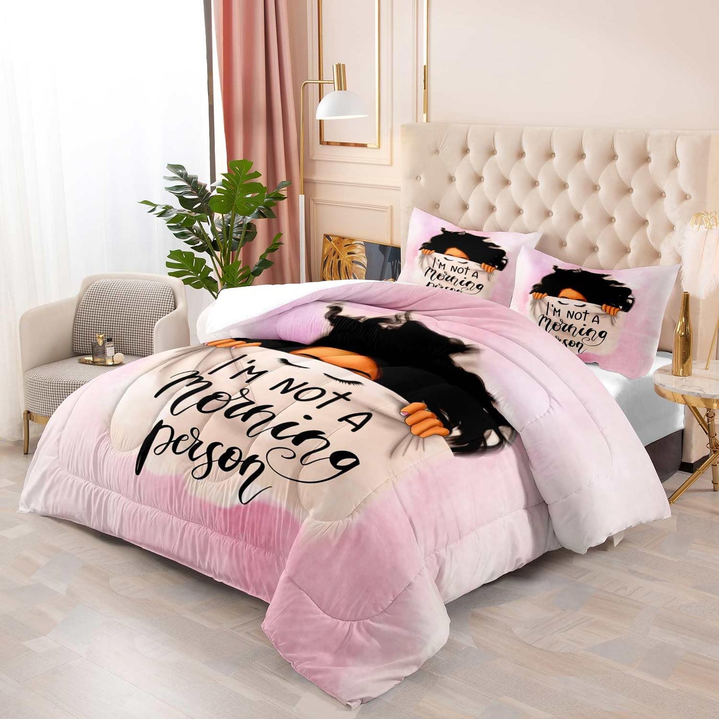 LUVIVIHOME 3PCS African American Black Girl Comforter Set King Size, Black Girl Magic Bedding, I'm Not A Morning Person Funny Gifts for Women Girls Kids, Soft Microfiber Pink Quilt, 2 Pillow Cases