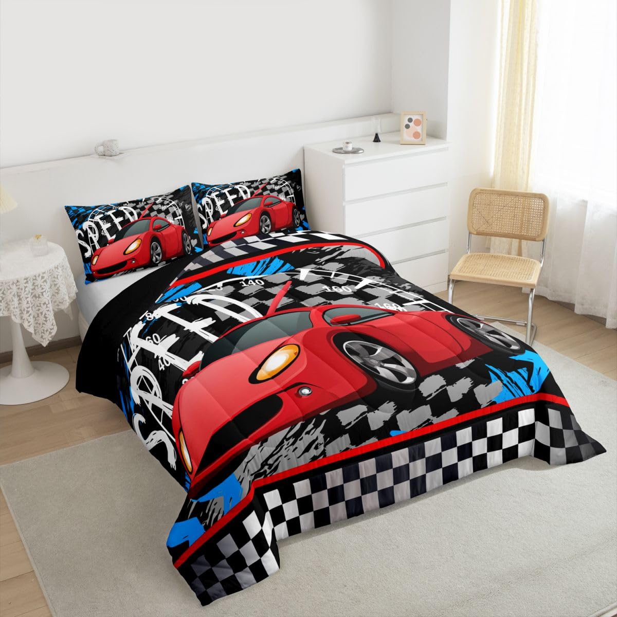Feelyou Boys Race Car Bedding Set Cool Race Sports Car Set Comforter Set for Kids Boys Sports Theme Duvet Set Checkered Comforter Red 1 Comforter Set with 2 Pillowcases Full Size