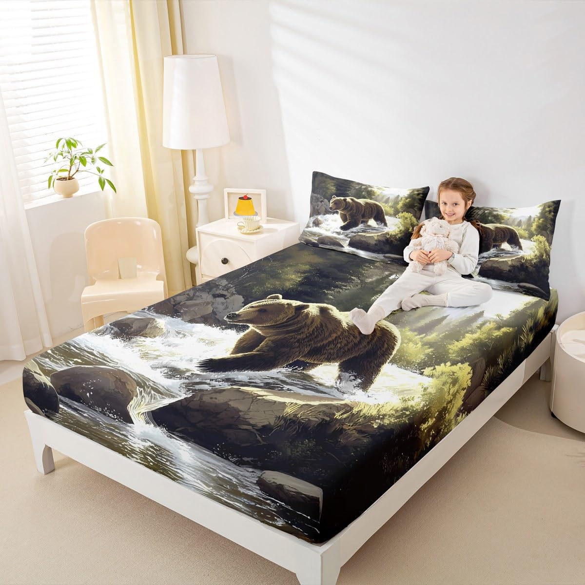 jejeloiu Bear Fitted Sheet with 1 Pillowcase Twin Size Black Bears Bed Sheets Set 16" Deep Pocket Boys Girls Cabin Bedding Countryside Teens Bedroom Decor Breathable Soft Lightweight Microfiber