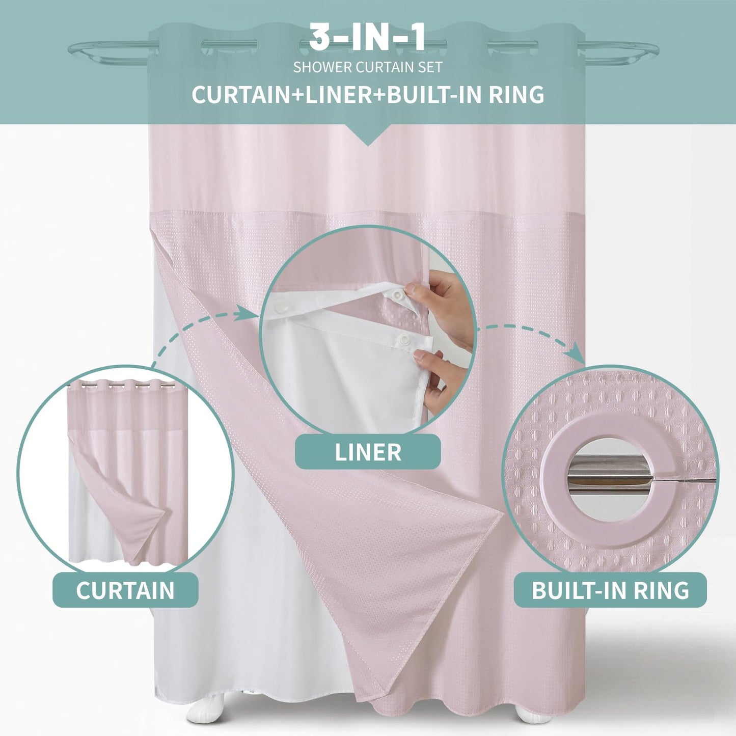 eachope BlushPink Long No Hook Waffle Weave Shower Curtain with snap-in Liner Replacement, 230GSM Waterproof Fabric Hotel Shower Curtain Set for Bathroom, Through Mesh Top Window,71Wx80H