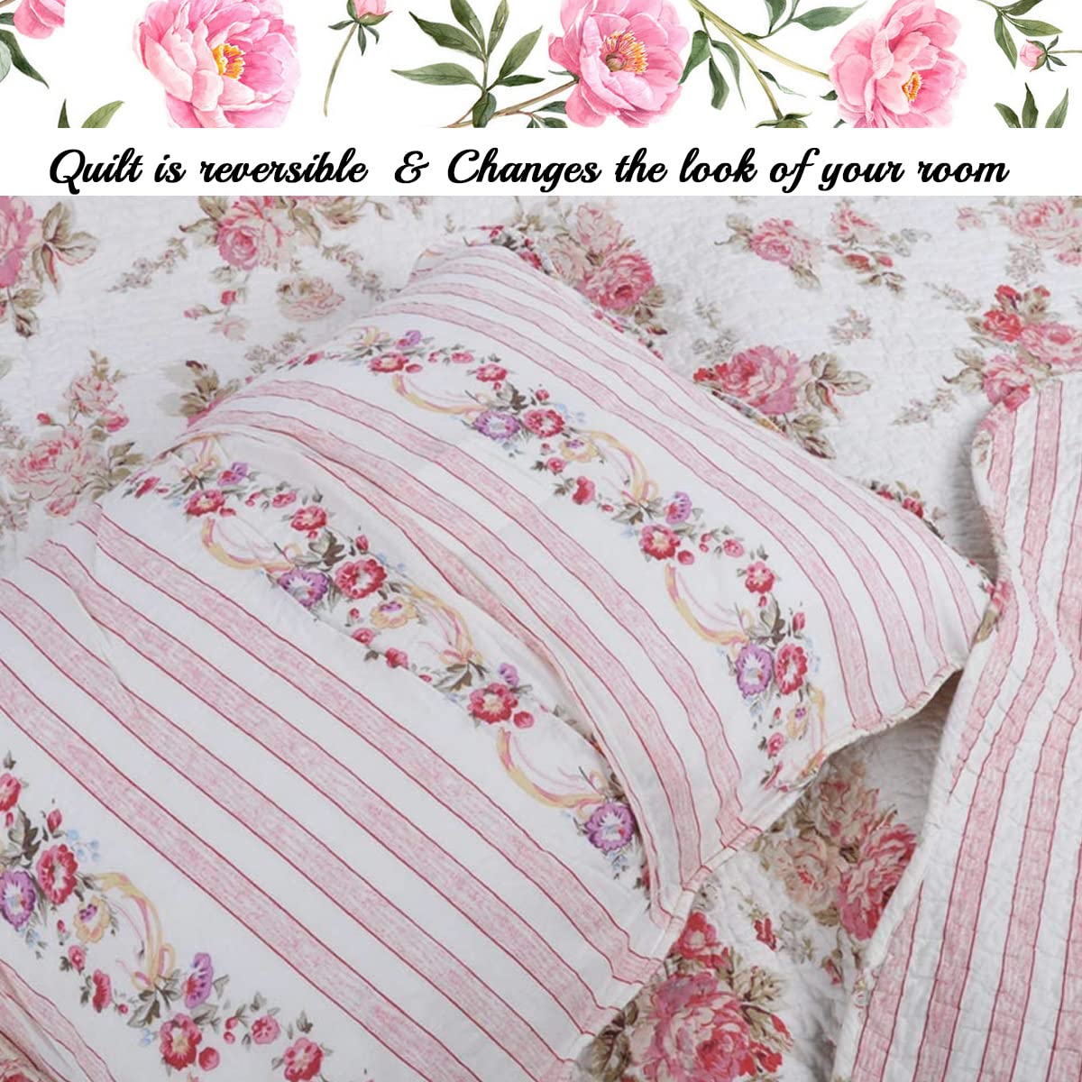Cozy Line Home Fashions Romantic Pink Peony Floral 100% Cotton Reversible Quilt Bedding Set, Coverlet, Bedspread (Pink Peony, Queen - 3 Piece)