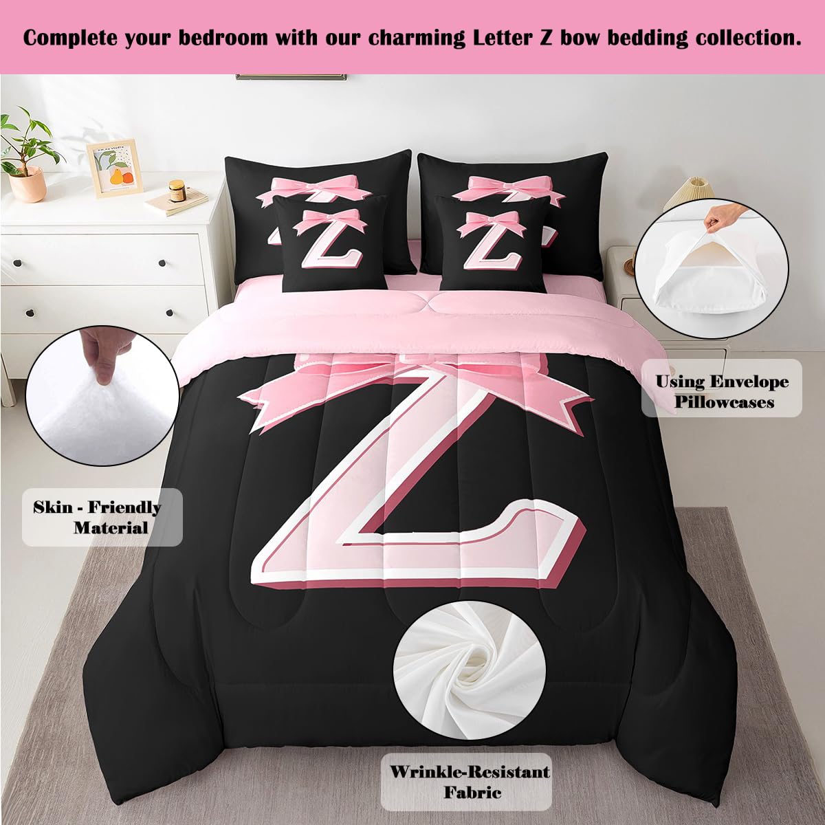 jejeloiu Kawaii Pink Bow Twin Comforter Set with Sheets,Gifts for Women Teen Girl,Monogrammed 7 Piece Bedding Set,Soft Personalized Initial Letter Z Bed in a Bag with Comforter,Sheets,Pillowcases