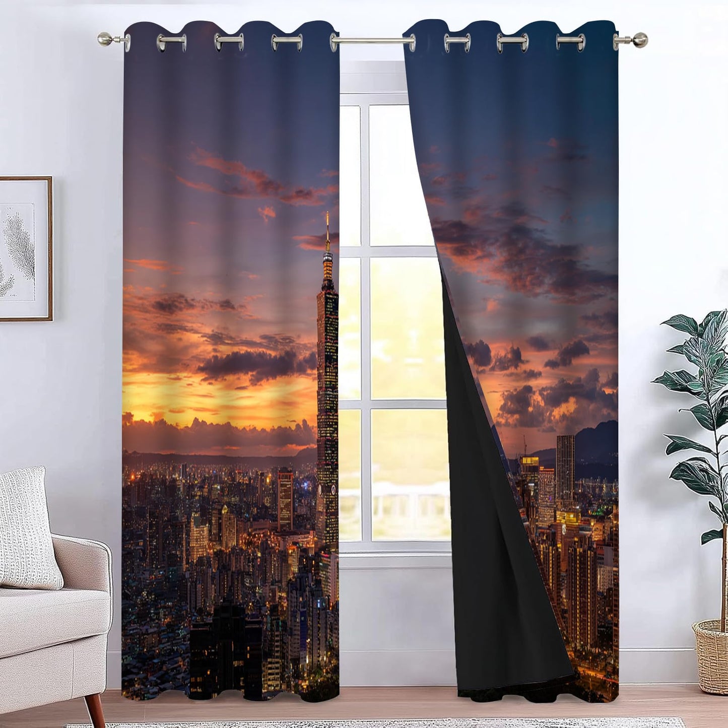 City Darkening Window Curtains, Modern City 3D Print Blackout Curtains 2 Panel Set 84" W x 54" L, Protect Privacy Opaque Drapes with Grommet for Homes Dormitories Hotels Decor