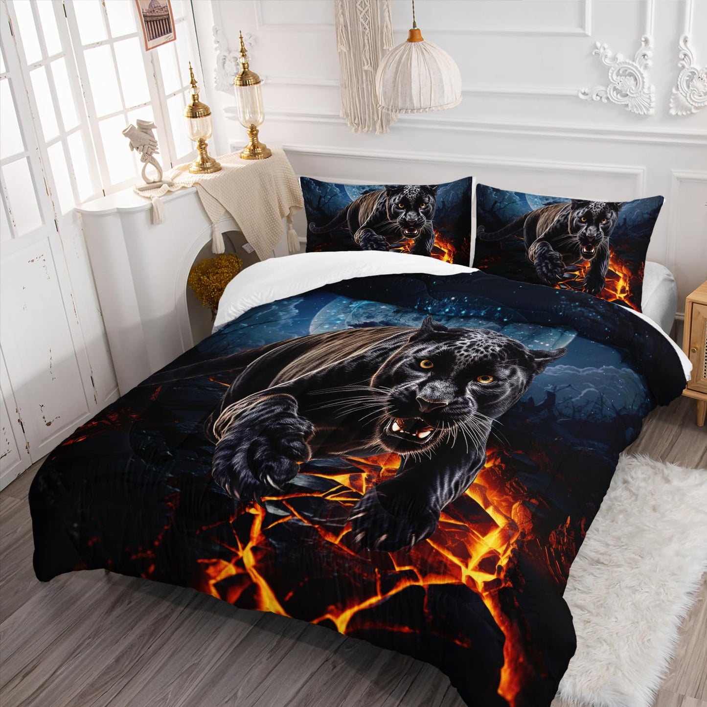 AILONEN Black Panther Comforter Set Twin Size,Safari Cheetah Leopard Print Bedding Set,Magic Moon Animal Theme Leopard Comforter with 2 Pillowcases,3 Pieces Twin Bed in a Bag for Boys Teen Men