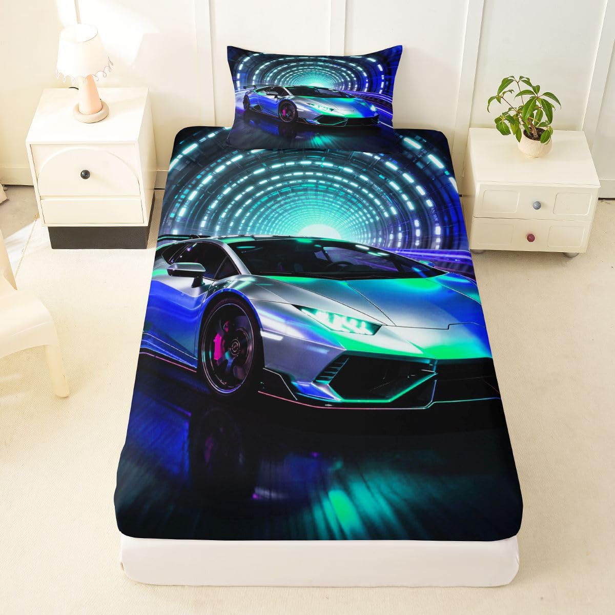 Feelyou Boys Sports Car Fitted Sheet Twin Size for Kids Boys Girls Speed Sports Bed Sheets Set 16" Deep Pocket Soft Breathable Microfiber Blue Racing Car Bedding with 1 Pillowcase Room Decor
