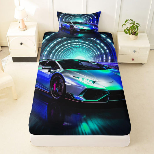 Feelyou Boys Sports Car Fitted Sheet Twin Size for Kids Boys Girls Speed Sports Bed Sheets Set 16" Deep Pocket Soft Breathable Microfiber Blue Racing Car Bedding with 1 Pillowcase Room Decor