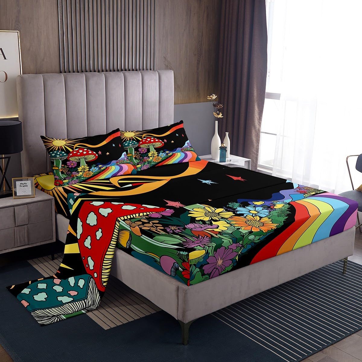 Erosebridal Trippy Mushroom Sheet & Pillowcase Sets Groovy Floral Bed Sheets Rainbow Striped Sheet Set Queen Hippie Boho Eye Sheets Starry Night Bedding 70s Theme Decor with 2 Pillowcase