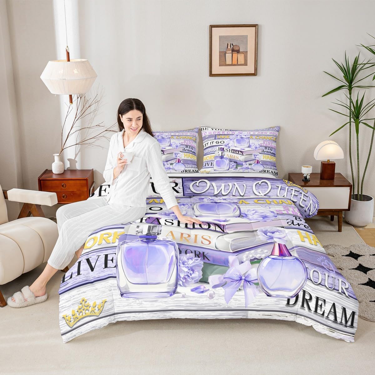 Erosebridal Blue Purple Fashion Floral Comforter King Size for Girls Women Girly Fantasy Aesthetic Modernas Bed Set Boho Funny Cute Paris Bedding Perfume Preppy Dreamy Blueviolet Bow Quilt