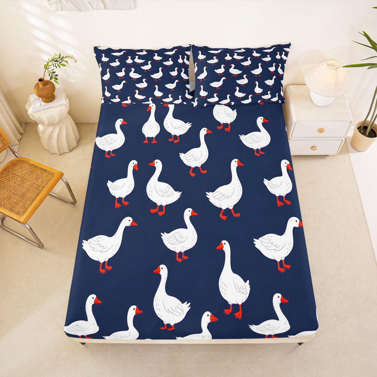 Erosebridal Goose Bed Sheets Set Full Cute Animal Sheet Set White Geese Navy Blue Sheets Funny Kawaii Cartoon Flat Fitted Sheet
