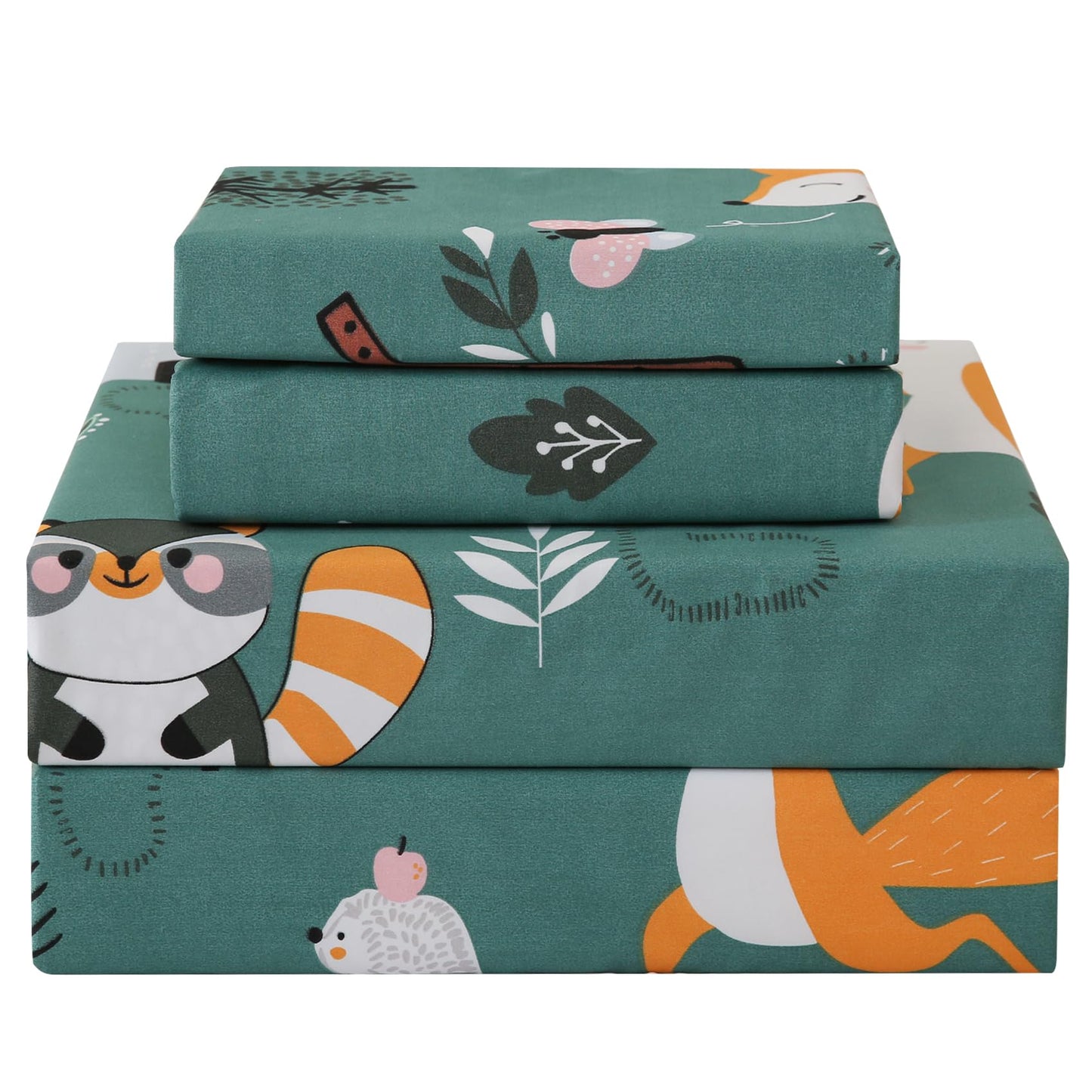 JSD Green Forest Animals Kids Sheet Set Twin Size, 3 Piece Woodland Printed Microfiber Bed Sheets Deep Pocket