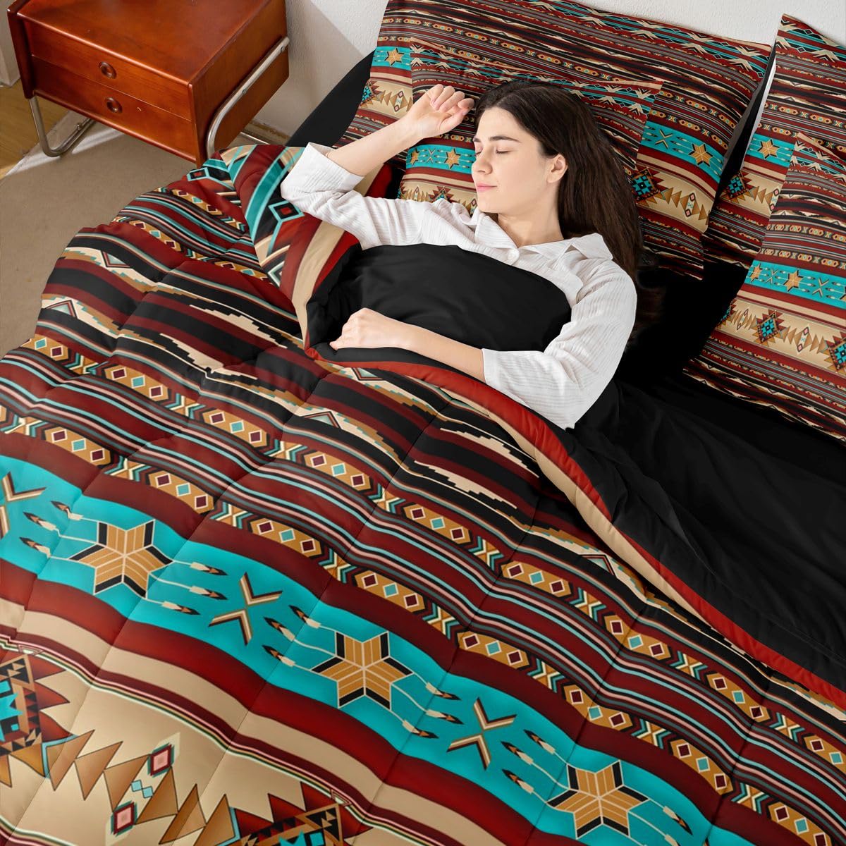 Bohemian Aztec Queen Comforter Set with Sheets Western 7 Piece Bedding Set Retro Southwestern Bed in a Bag, Arrow Western Star Geometric Sriped Bed Sets African Nordic Style Boho Decor,Warm Taupe