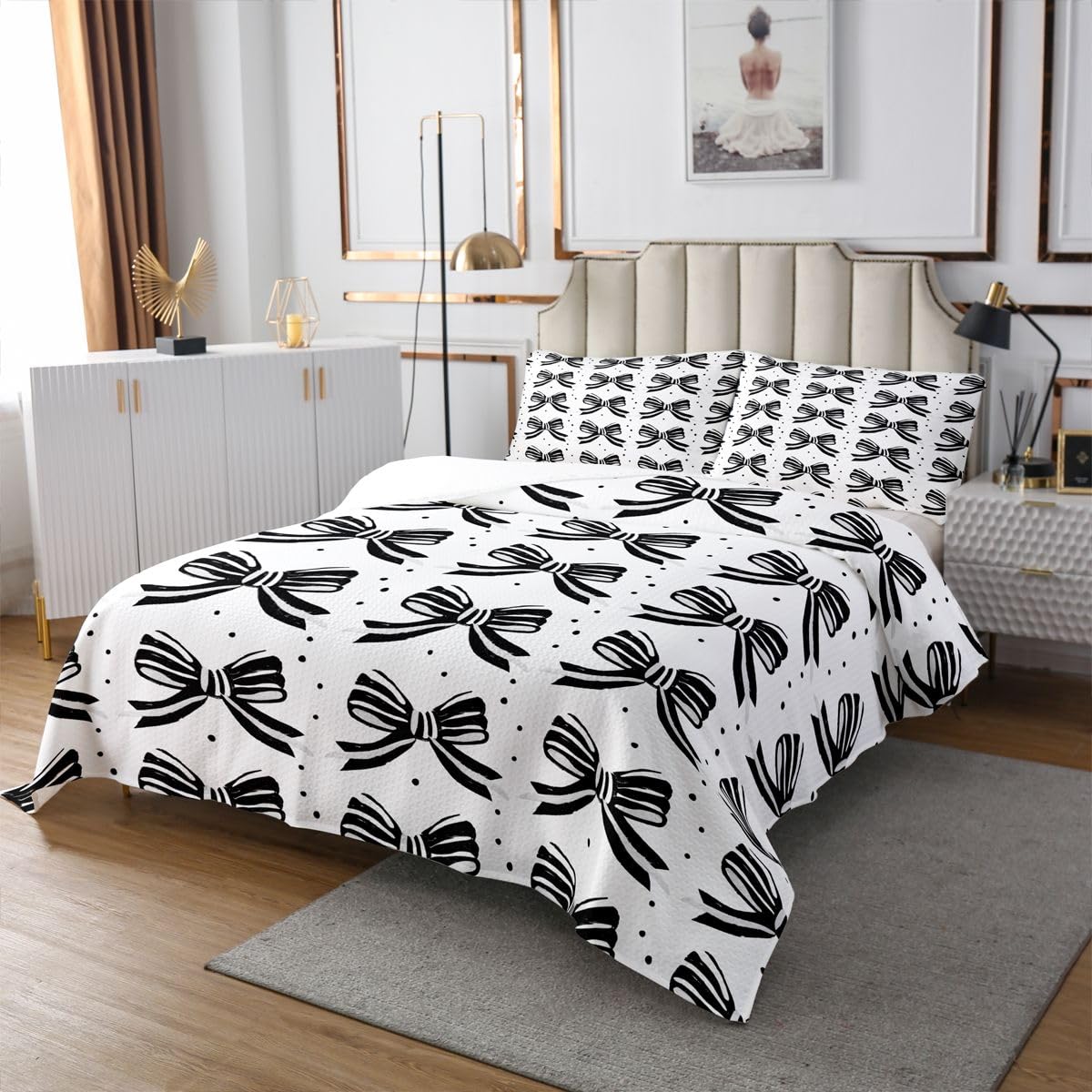 jejeloiu Bowknot Bedspread Quilts Black White Stripes Bow Coverlet Set Queen Size for Kids Boys Girls Cute Style Quilted Coverlet for All Season with 2 Pillowcases Microfiber