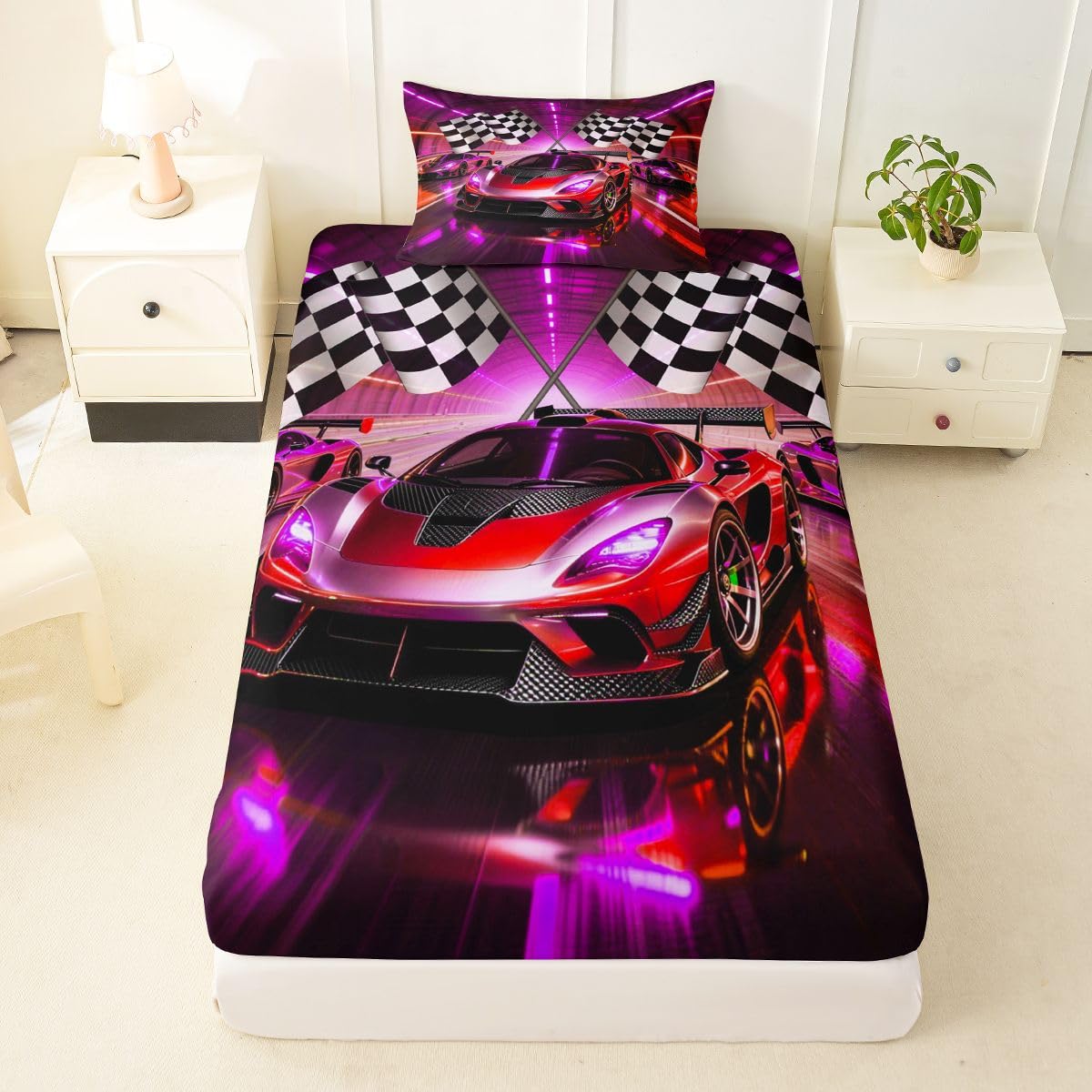 Feelyou Boys Race Car Fitted Sheet with 1 Pillowcase Twin Size Speed Sports Car Bed Sheets Set 16" Deep Pocket Boys Girls Racing Extreme Sports Bedding Teens Bedroom Decor Breathable Soft Lightweight