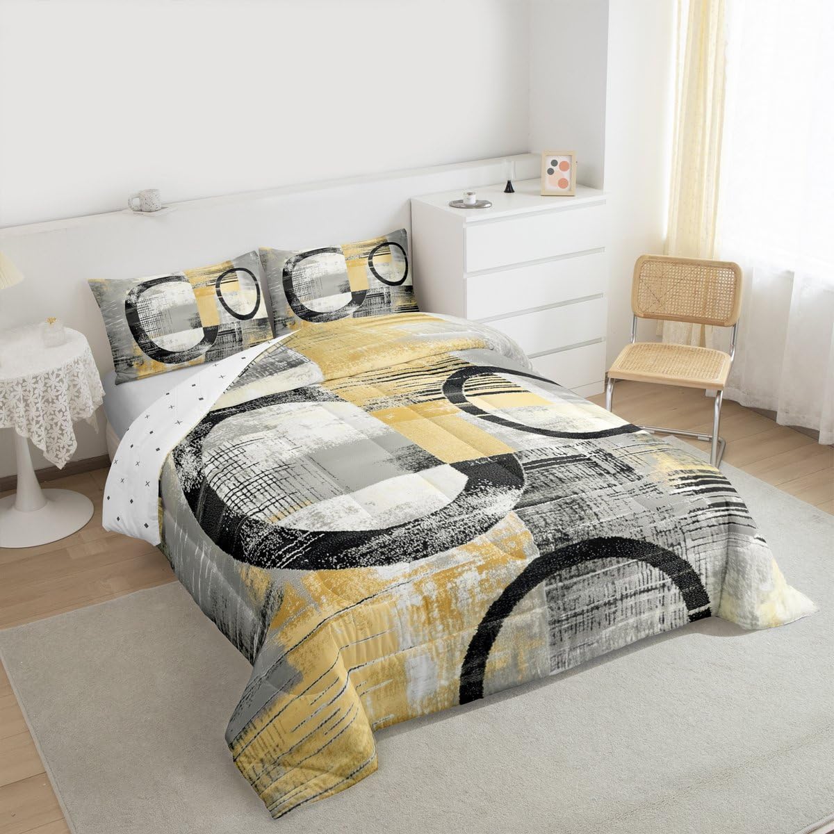 Feelyou Abstract Comforter Set Full Size Modern Abstract Art Bedding Set Geometric Duvet Quilt Luxury Bedroom Decor Yellow 3 Pcs with 2 Pillow Cases