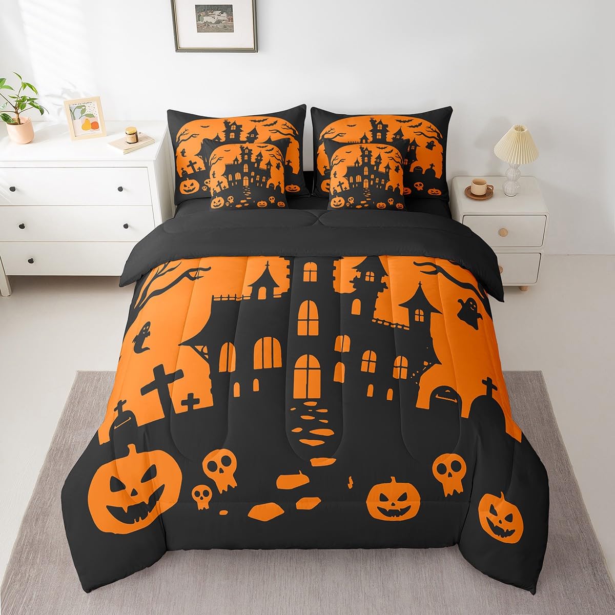 Feelyou Halloween 7 Piece Bedding Set Twin Size Pumpkin Comforter Set with Sheets for Kids Boys Girls Teens Bat Bed in a Bag Horror Castle Bed Set