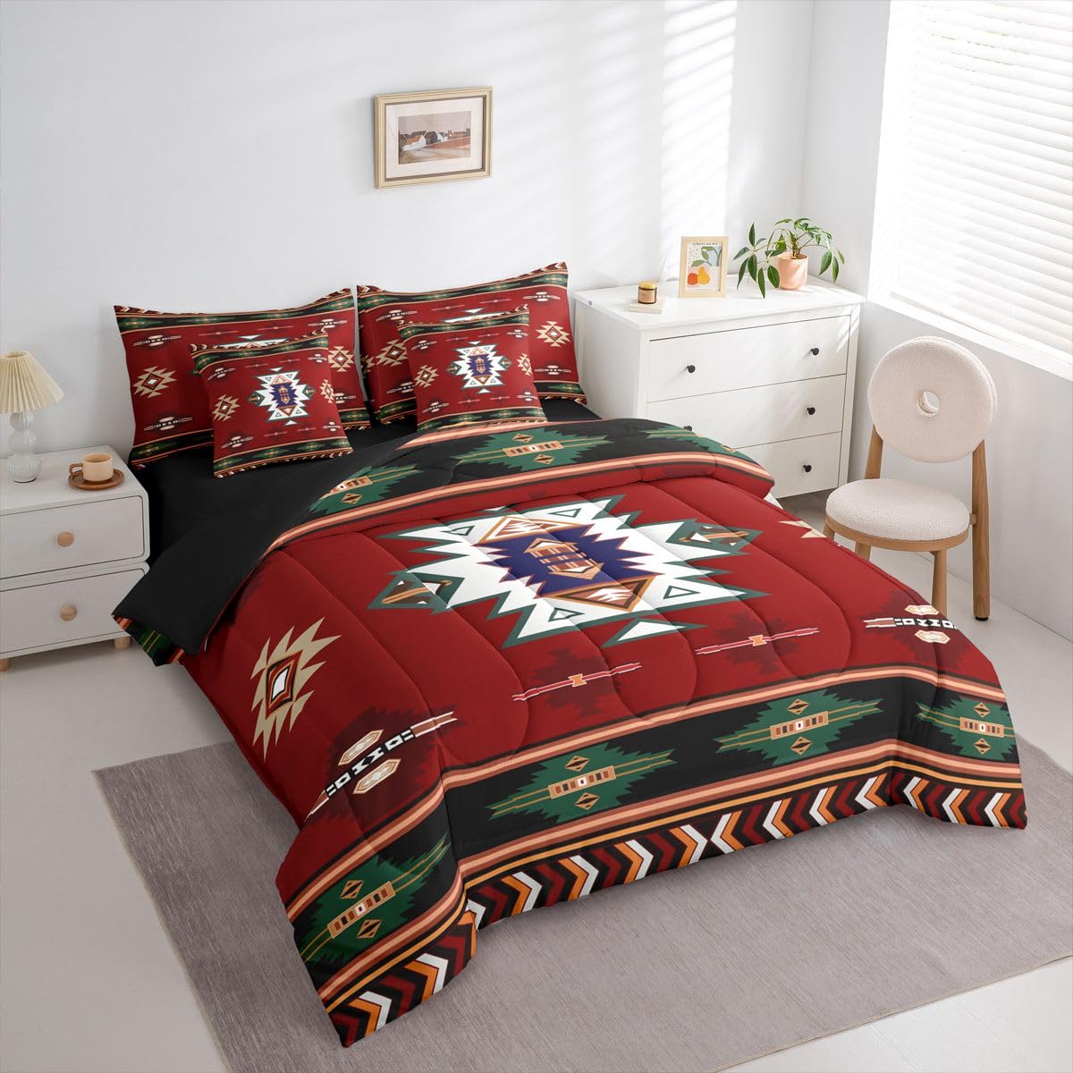 Erosebridal Western Twin Comforter Set with Sheets | Boho Decor Geometric 7 Piece Bedding Set Bohemian Aztec Bed in a Bag, Ethnic Tribal Arrow Room Decor,Red