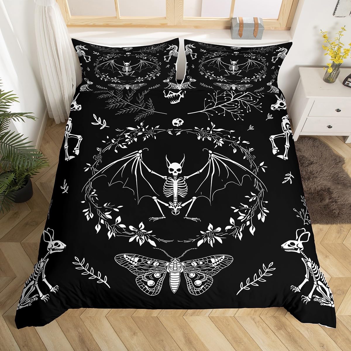 Castle Fairy Moth Duvet Cover Twin Size,Gothic Rabbit Animal Skull Bedding Set 2pcs for Kids Teens,Halloween Skeleton Black White Comforter Cover Soft Quilt Cover,No Comforter