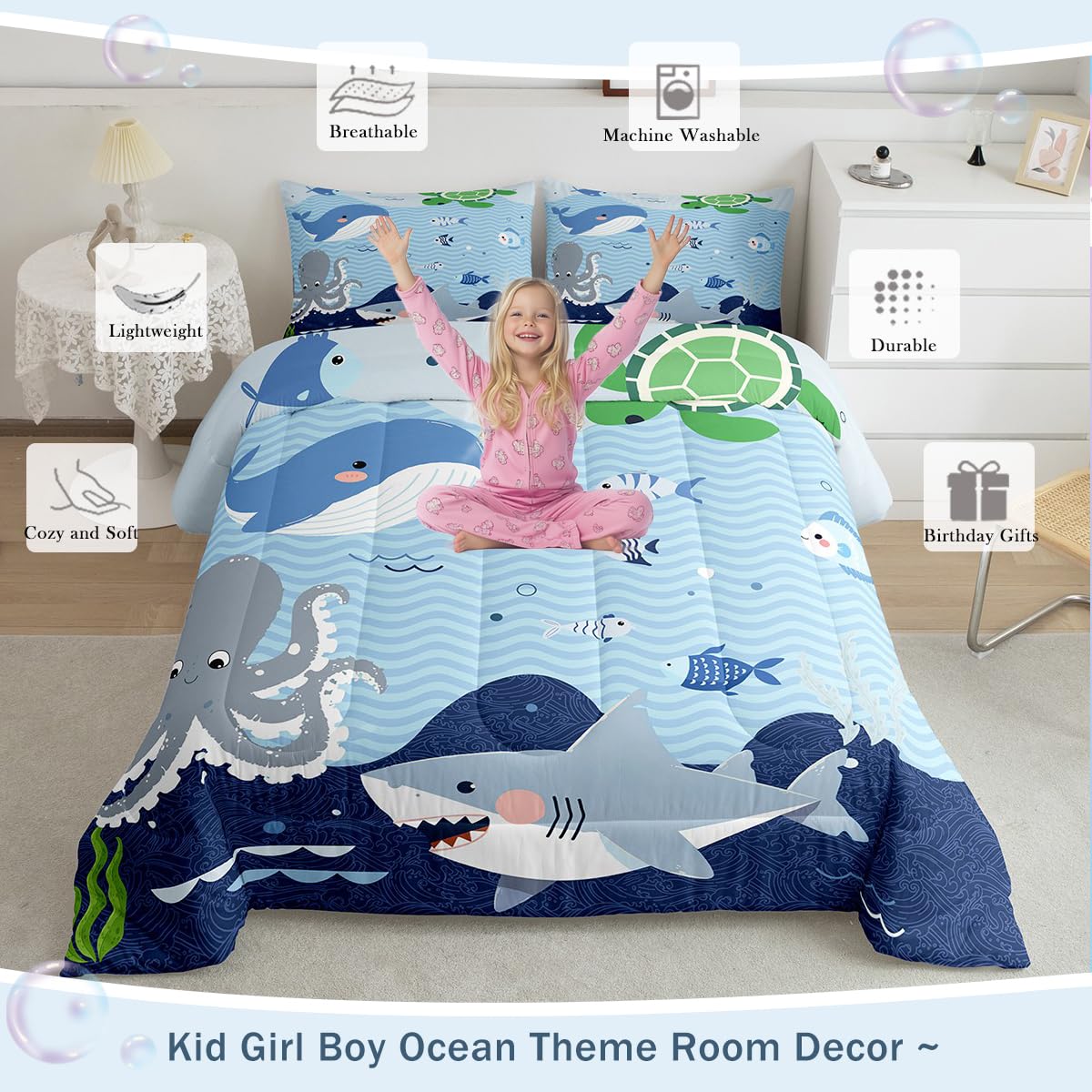 Homewish Shark and Whale Comforter Set,Cartoon Sea Animal Bedding Set for Kids Girls Women,Adults Octopus Turtle Comforter,Underwater World Quilted Duvet Set Bedroom Collection Twin Size 2Pcs