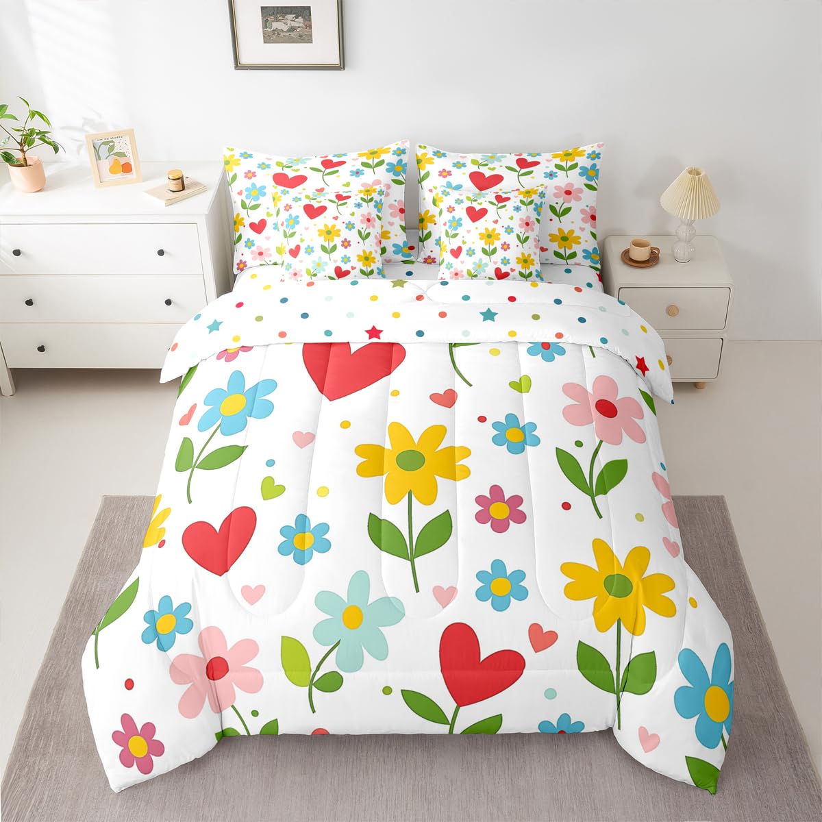 Feelyou Floral Queen Comforter Set with Sheets for Kids Boys Girls Cute 7 Pieces Bedding Set Farmhouse Garden Bed in a Bag Plant Room Decor Red Orange Soft Lightweight Microfiber