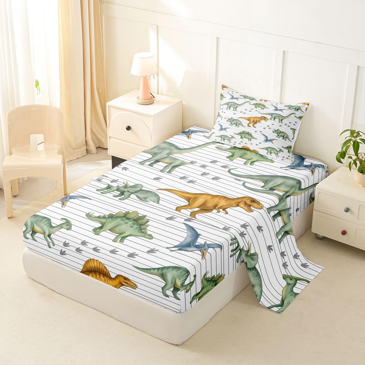 Feelyou Dinosaur Bed Sheets Set Twin Size 3D Digital Print Bed Set for Kids Boys Girls Jungle Dino Deep Pocket Fitted Sheet Wild Animal Breathable Soft Lightweight Microfiber Orange and Green