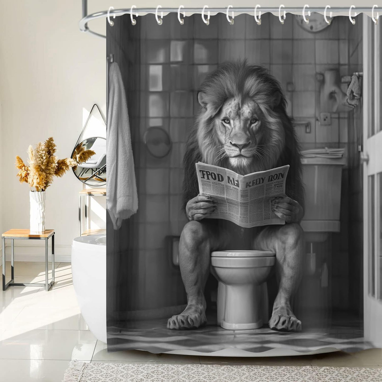 JAWO Funny Shower Curtain Farmhouse Cool Lion Shower Curtains for Bathroom Grey Humor Animal Reading on Toilet Curtains, Western Country Large Cat Bathroom Curtain Polyester Fabric Set Hooks 72X72