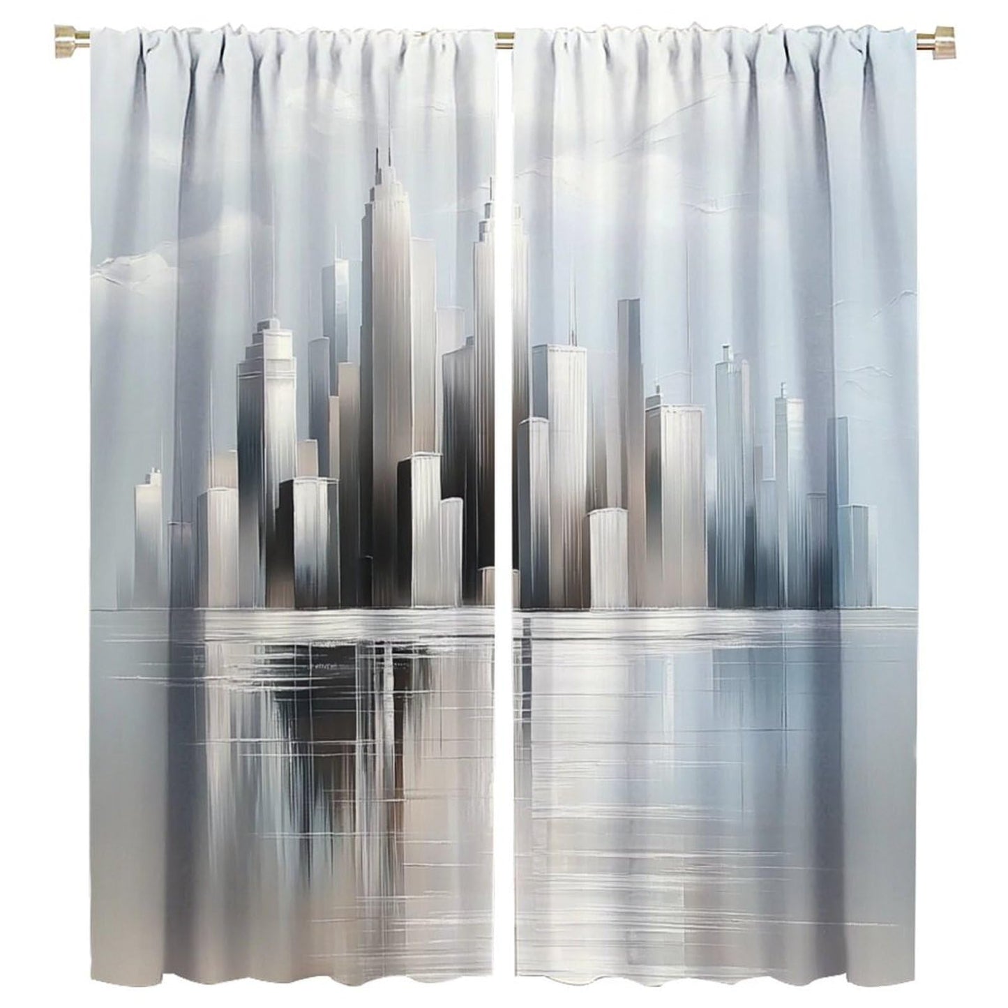 WDHTEXT Art Deco Painting Blackout Window Curtain Panels, Cityscape Abstract Rod Pocket Window Drapes for Living Room Bedroom, 2 Panels, Each 21W x 45L