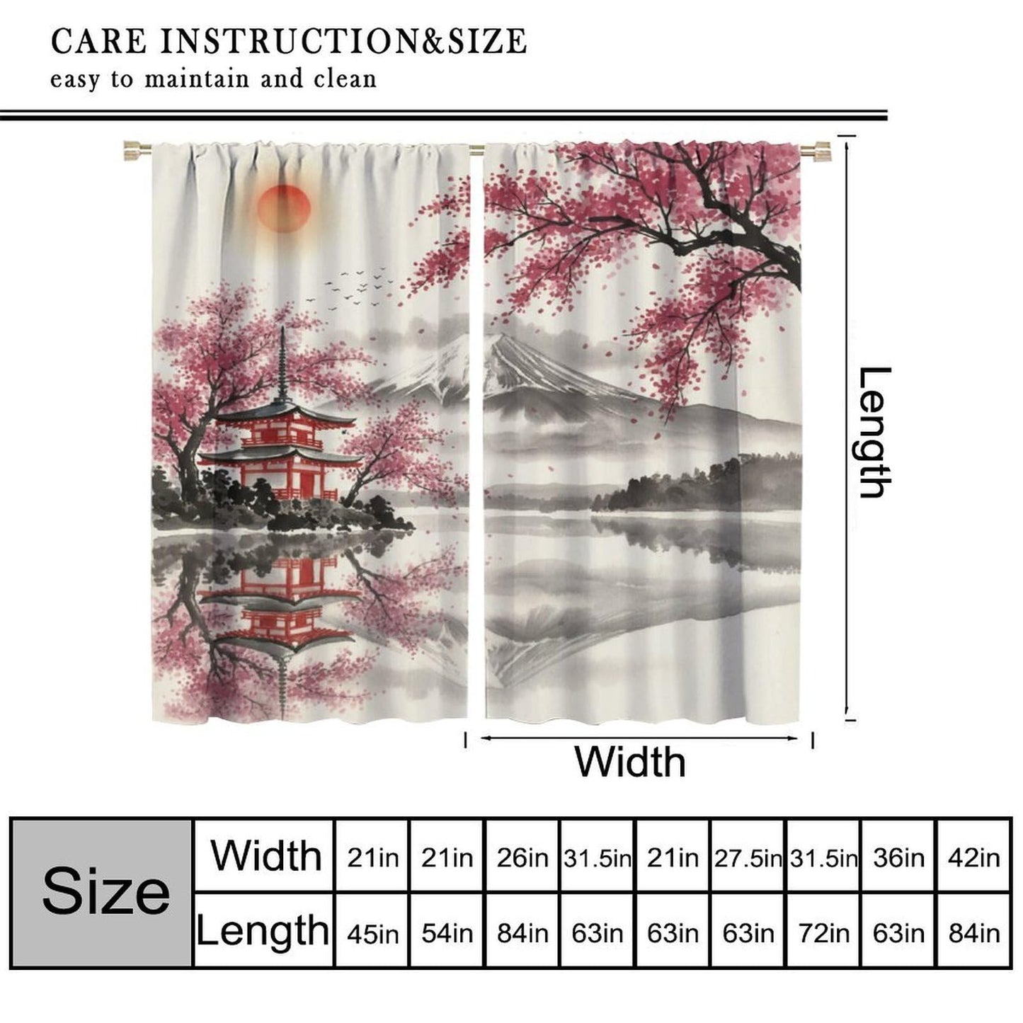 PHTAYOT Oriental Japanese Curtains Traditional Ink Painting Nature Landscape Mountains Cherry Blossoms Pattern Decor Window Treatments for Bedroom Living Room,2 Panels Set,42x45 Inch