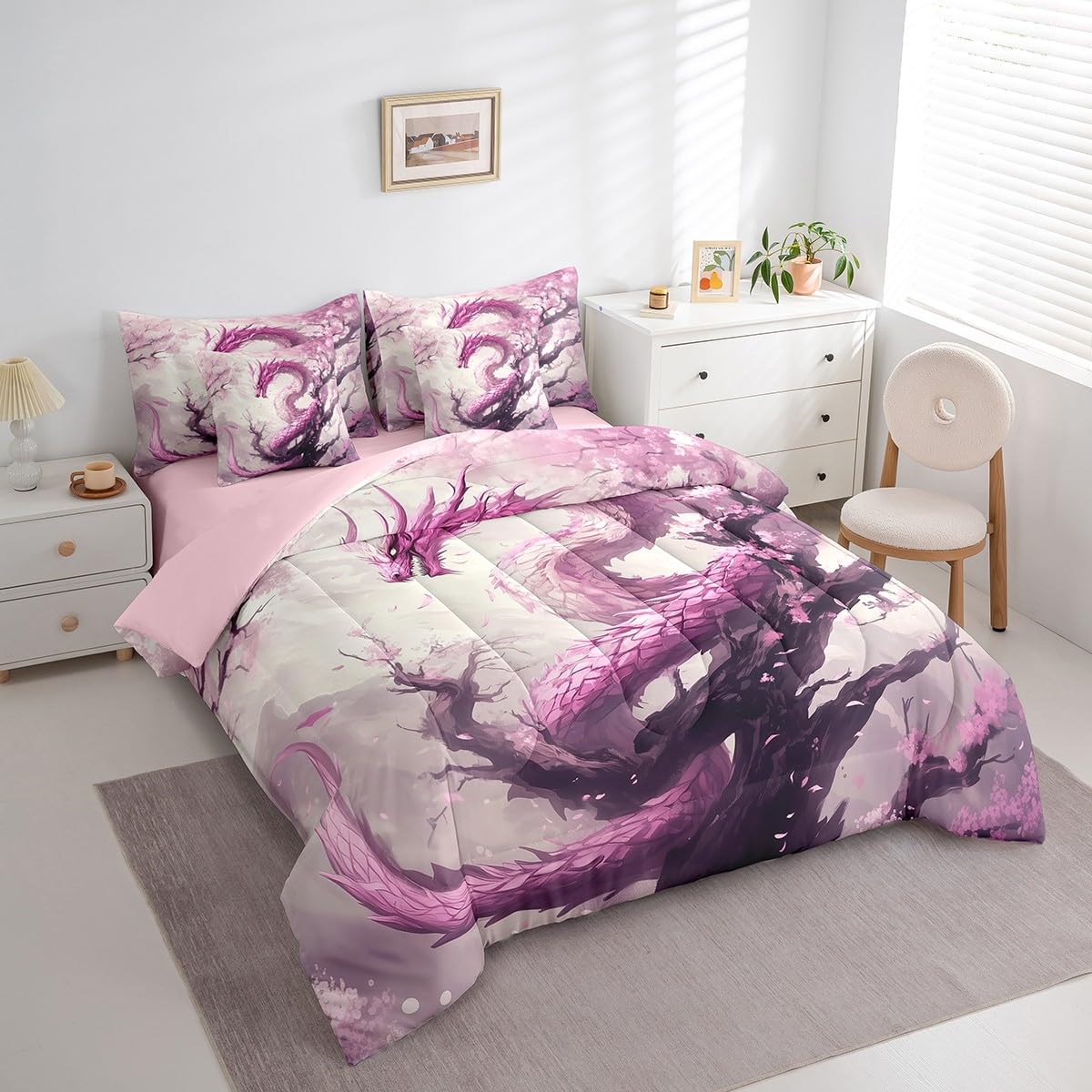 7 Pieces Cherry Flower Dragon Comforter Set Queen,Japanese Style Blossom Bed Set for Kids Boys Girls,Pink Dragon Bedding(1 Comforter,1 Fitted Sheet,1 Flat Sheet,2 Pillowcases,2 Throw Pillow Cover)