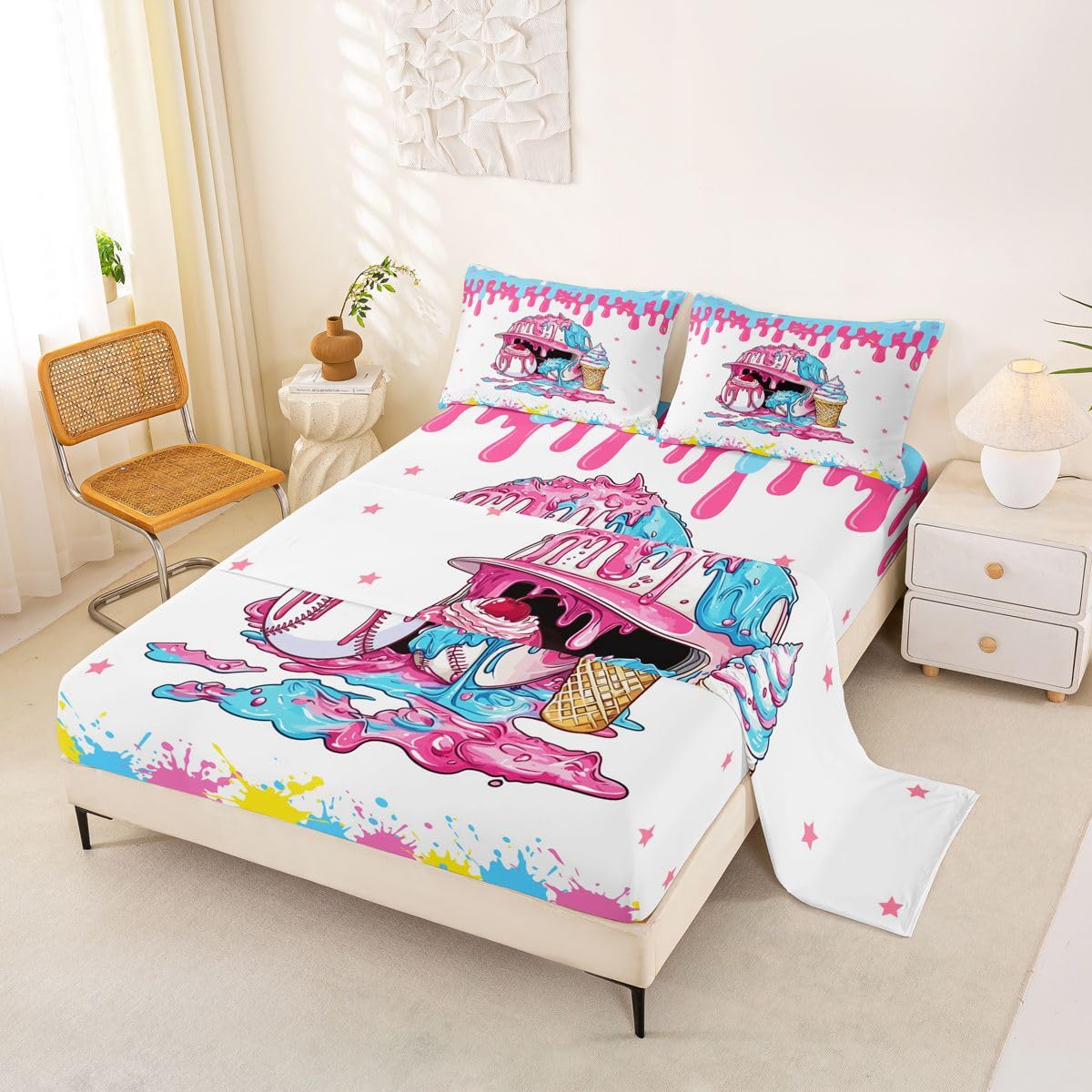 Homewish Ice Cream Drip Baseball Kids Sheet Full Size,Baseball Cap Hat Star Cherry Dessert Bedding Set, Ball Sport Games Competition Kids Room Decor,Blue Pink Sheet(Fitted+Flat+2 Pillowcases)