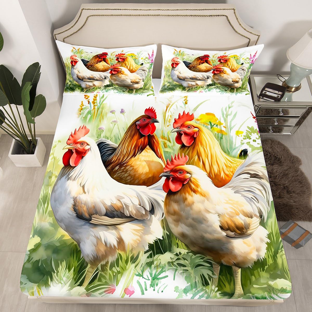 Rustic Chicken Sheet Set for Kids Boys Girls,Watercolor Rooster Bed Sheets Full,Farmhouse Animal Bedding Set,Botanical Flower Leaves Fitted Sheet Deep Pocket + Top Sheet + 2 Pillowcases Soft