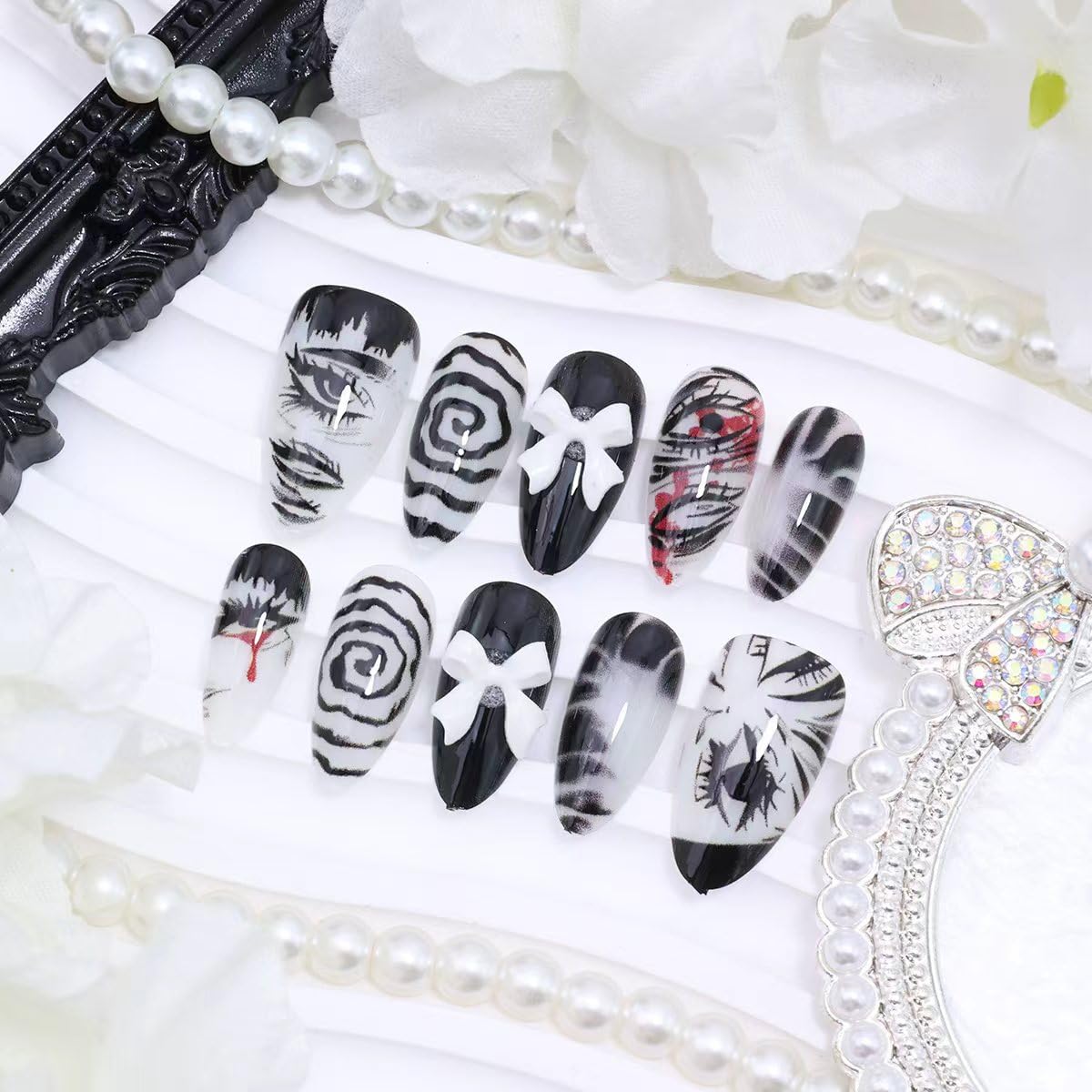 24Pcs Black Gothic Press on Nails Medium Almond Fake Nails with 3D Bow Design Y2k False Nails Glossy Full Cover Artificial Glue on Nails Eye Vortex Handmade Stick on Nail for Women Manicure Decoration