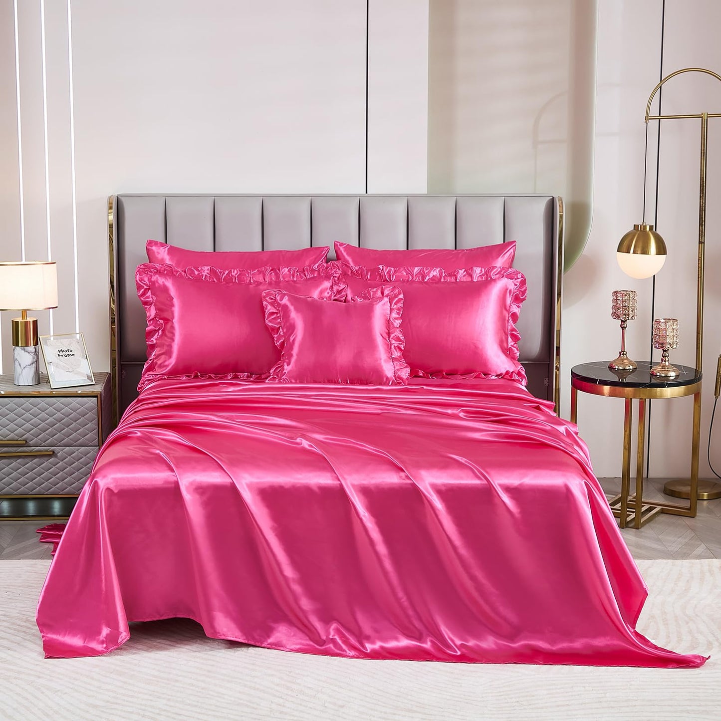 Satin Bed Set King Size,Luxuxy Satin Comforter Set with Sheets,Hot Pink Comforter Set,Silk Like Satin Bedding,8-Piece Ruffle Comforter Bed in a Bag Set, Pink Aesthetic Bedding Set