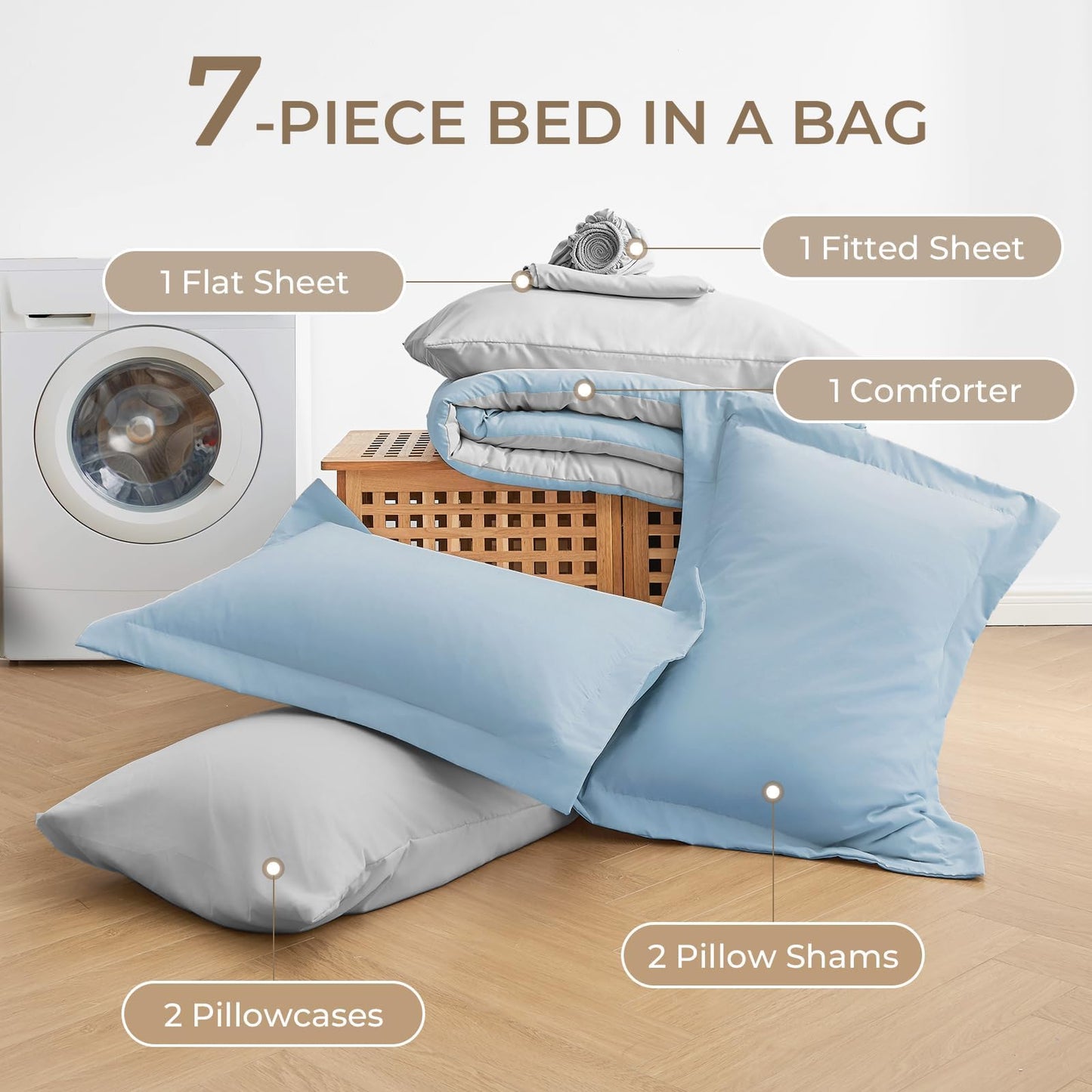Sasttie Queen Comforter Set, 7 Pieces Bed in a Bag Queen, Complete Bedding Set Includes Comforter, Flat Sheet, Fitted Sheet, Pillowcases and Pillow Shams, Blue & Light Grey